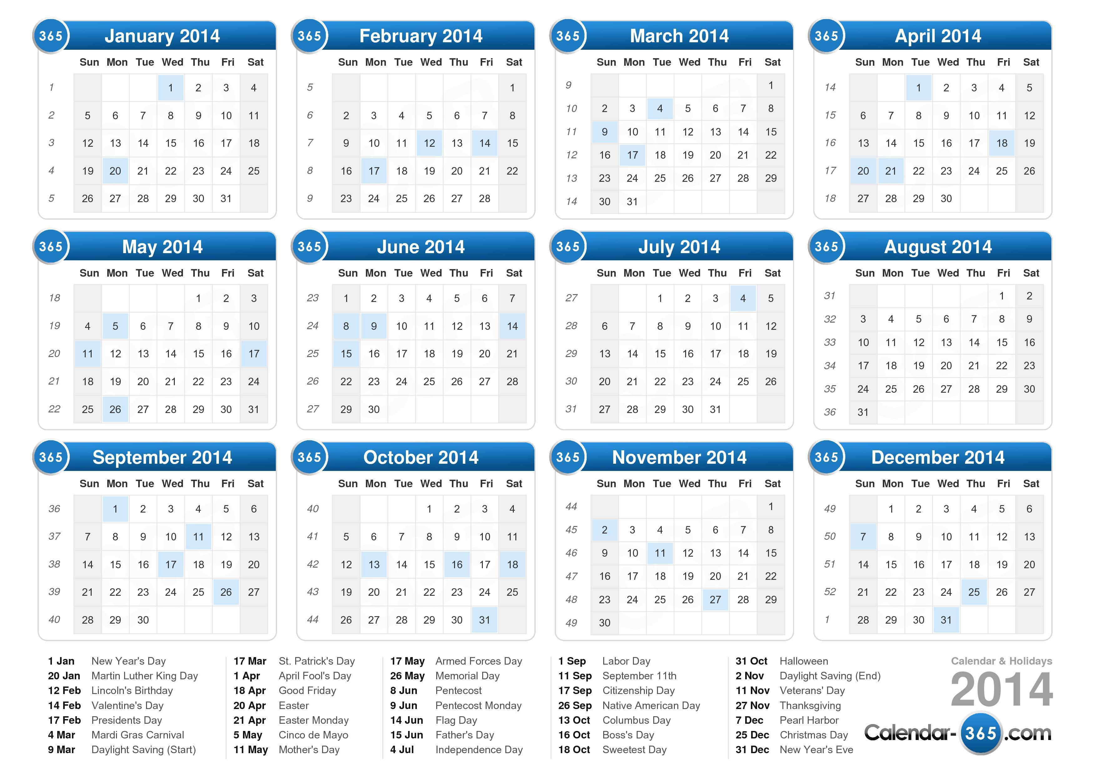 2014 Calendar with Holidays