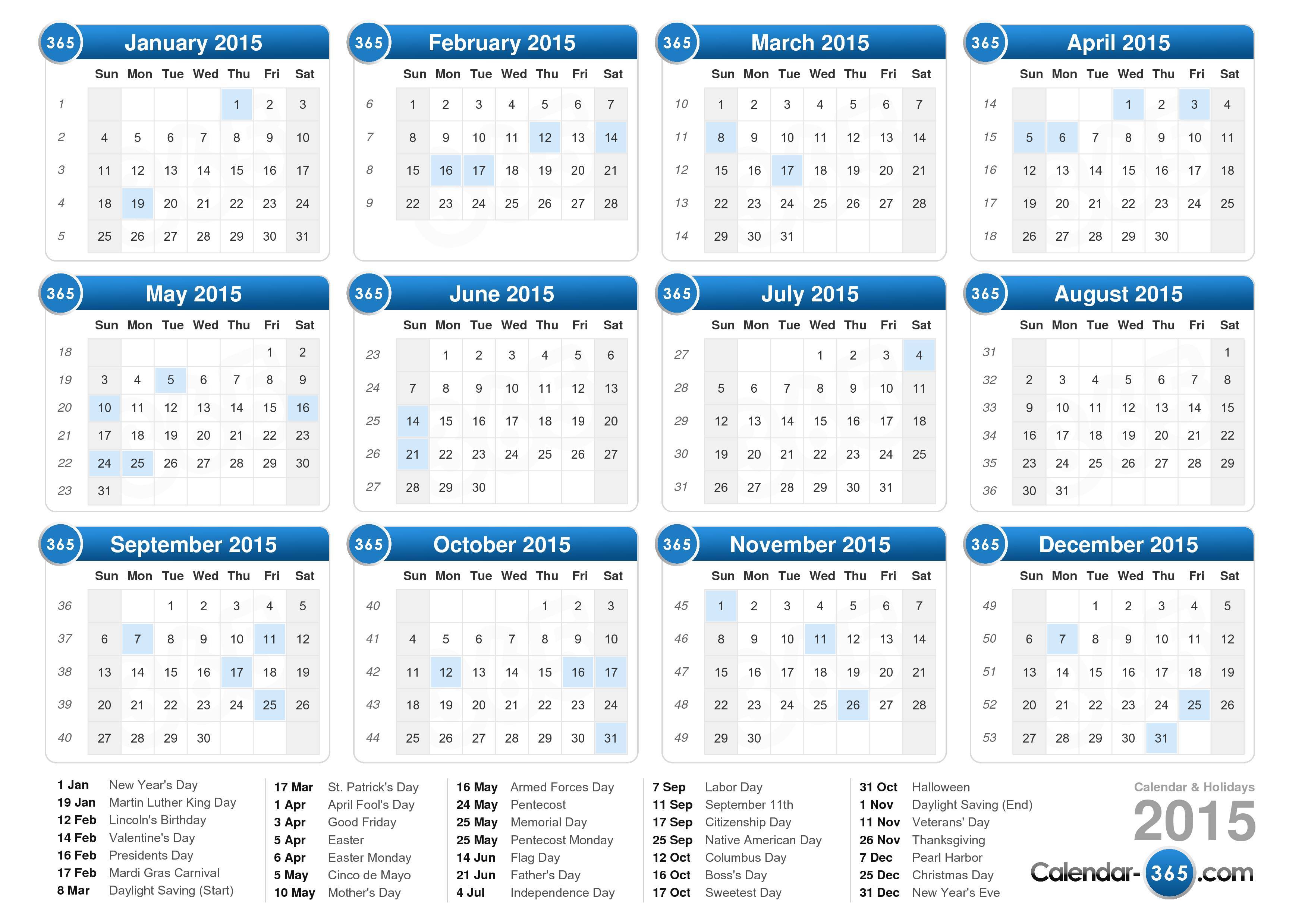 2015 holiday calendar