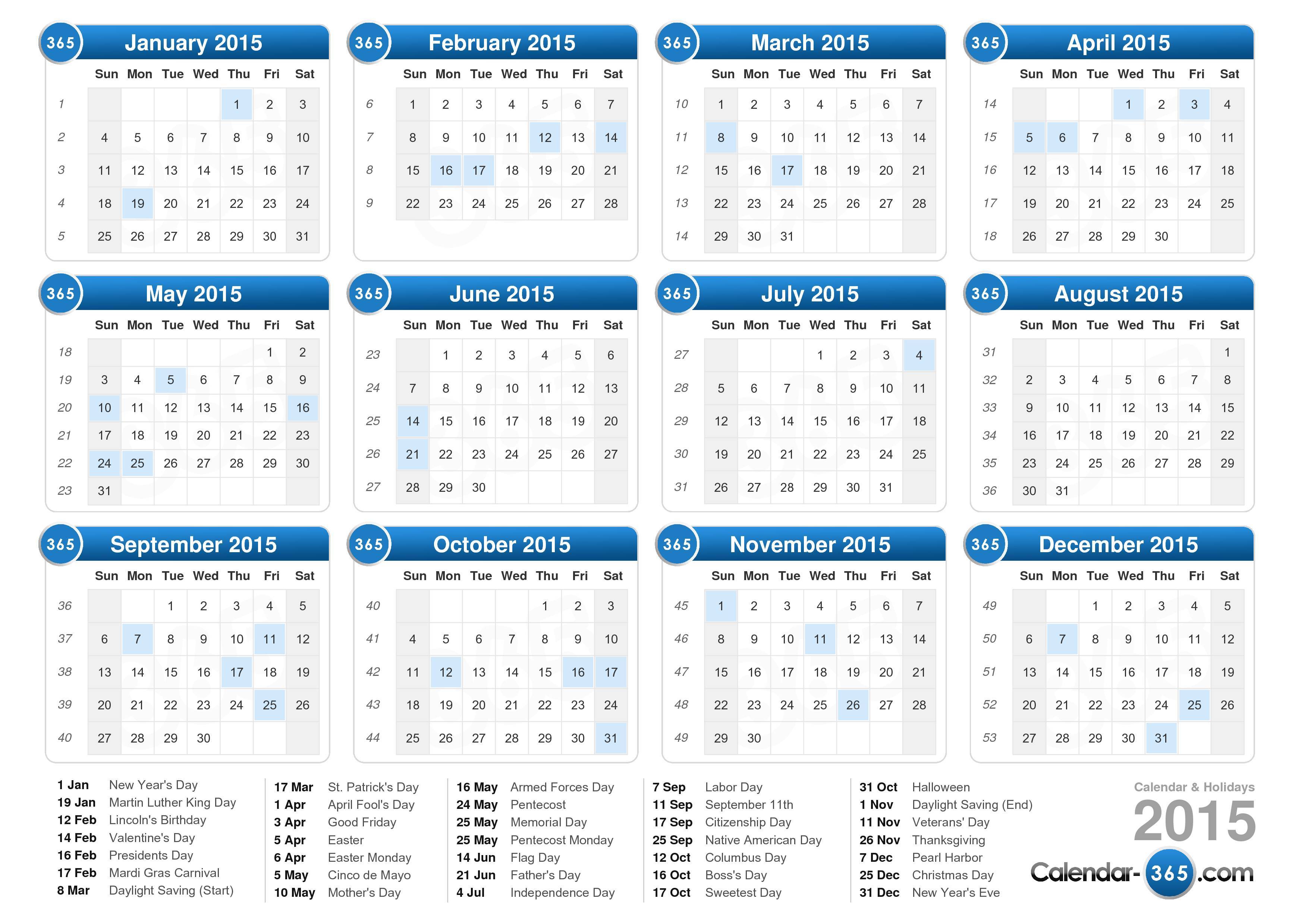 2015 calendar with holidays