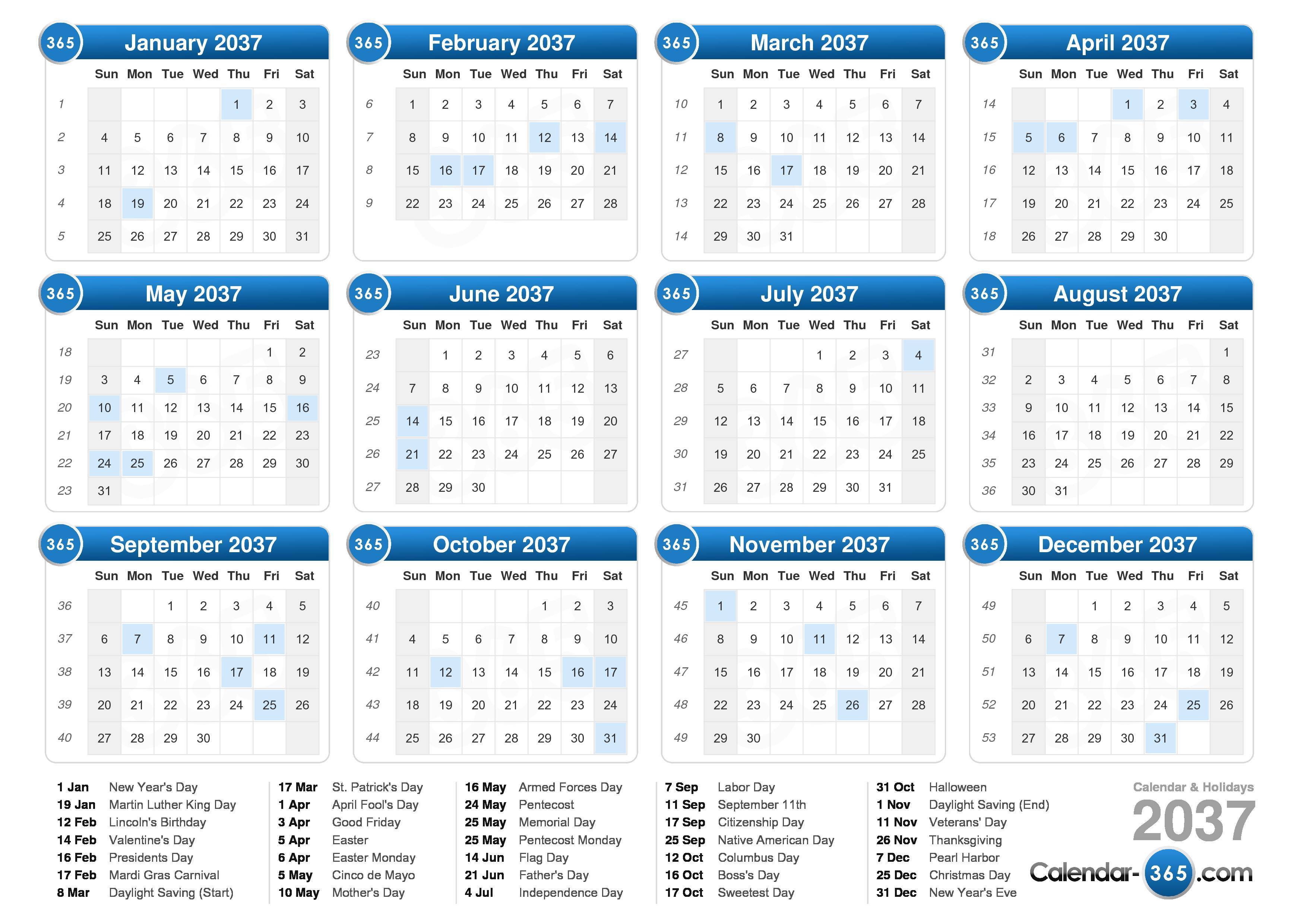2037 Calendar