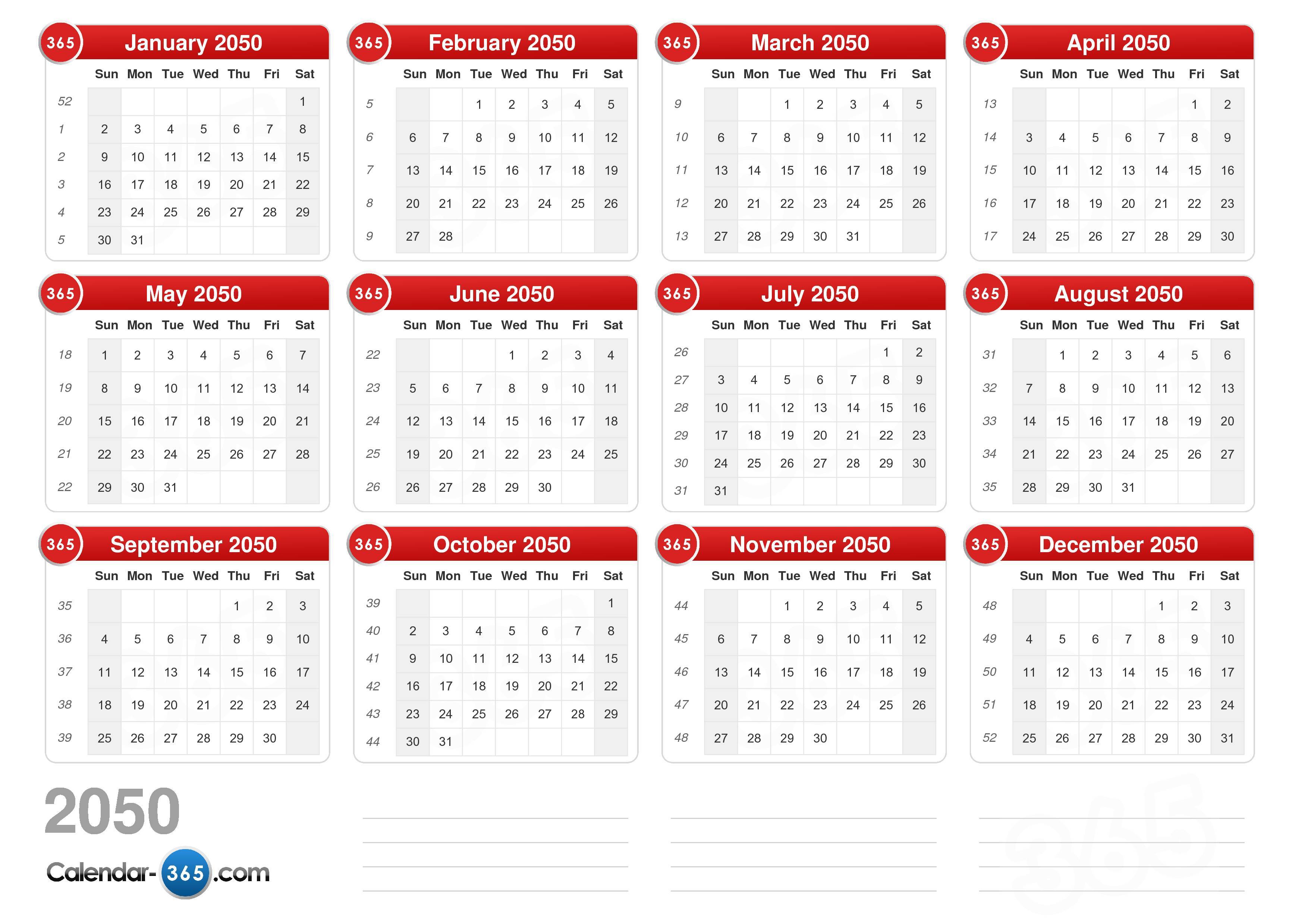 Calendar For 2050