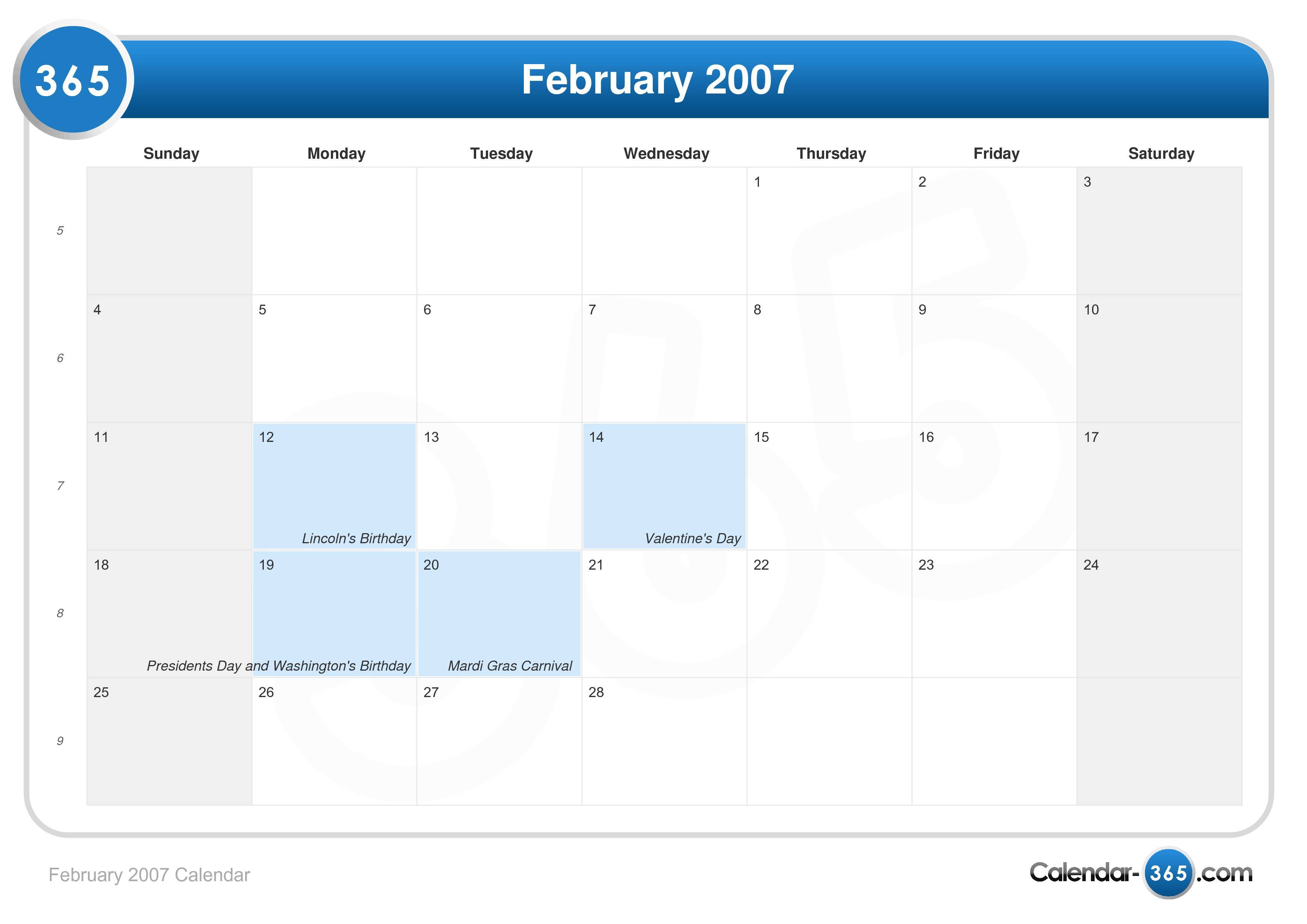 February 2007 Calendar