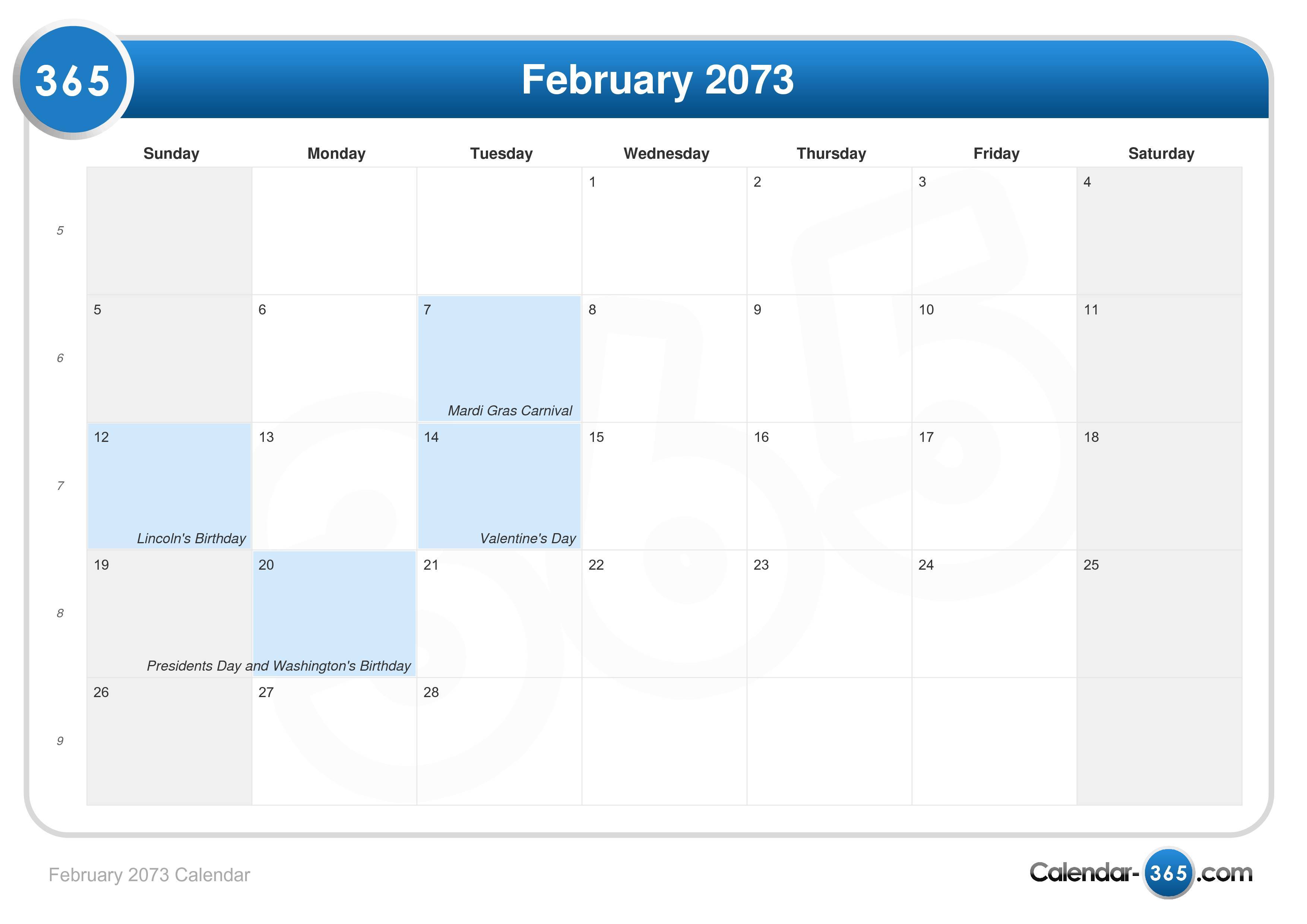 February 2073 Calendar