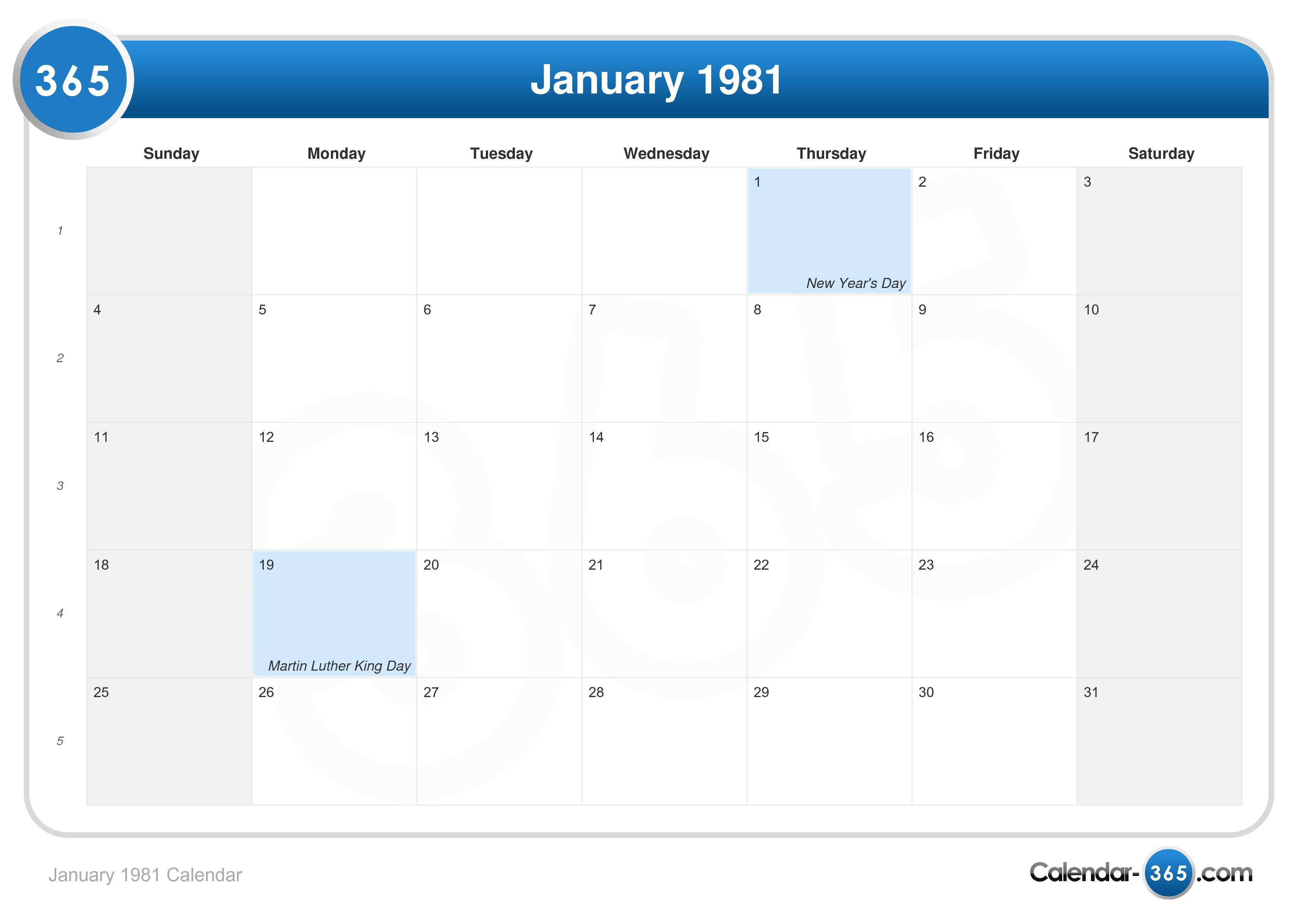 January 1981 Calendar