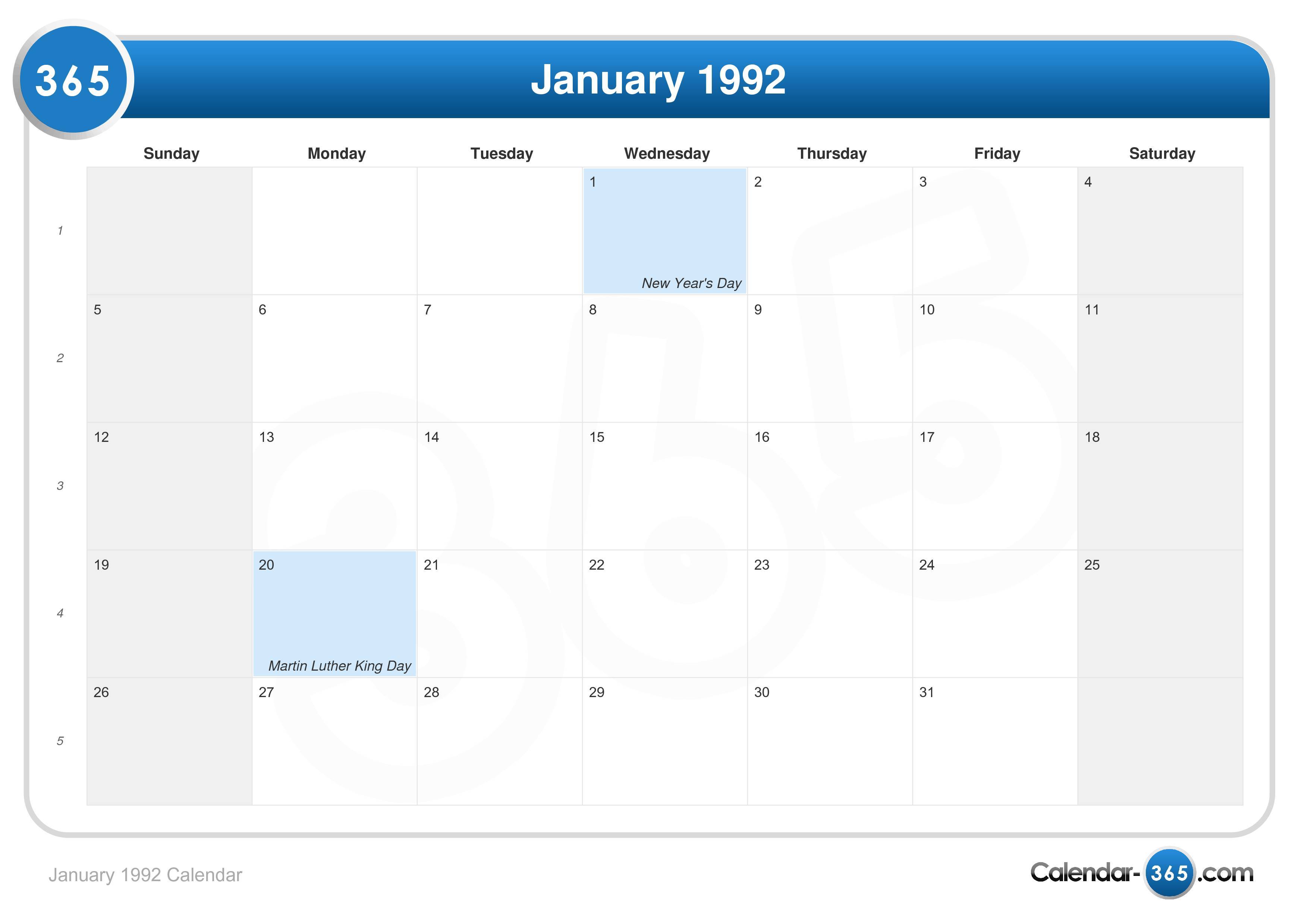 January 1992 Calendar