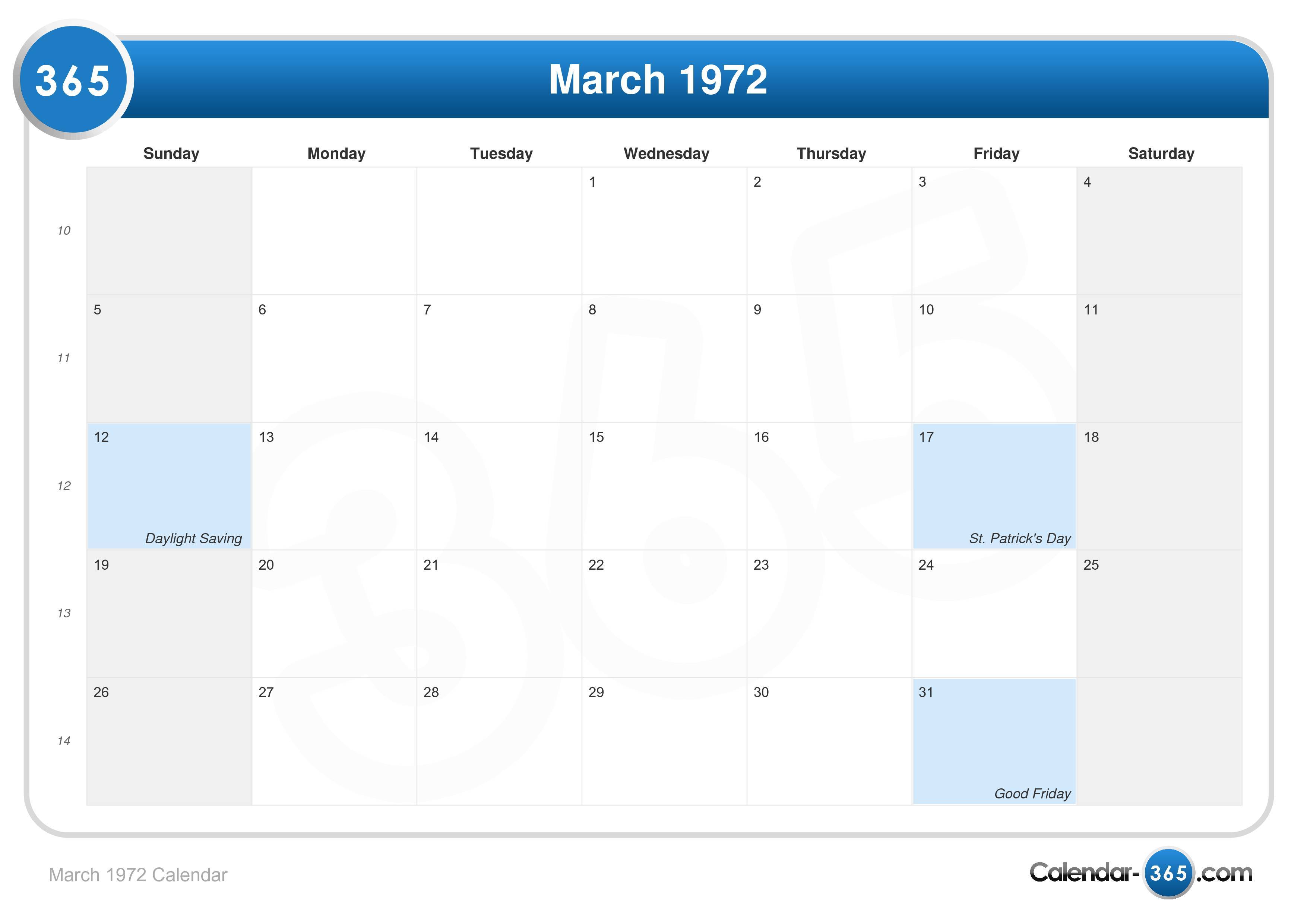 March 1972 Calendar