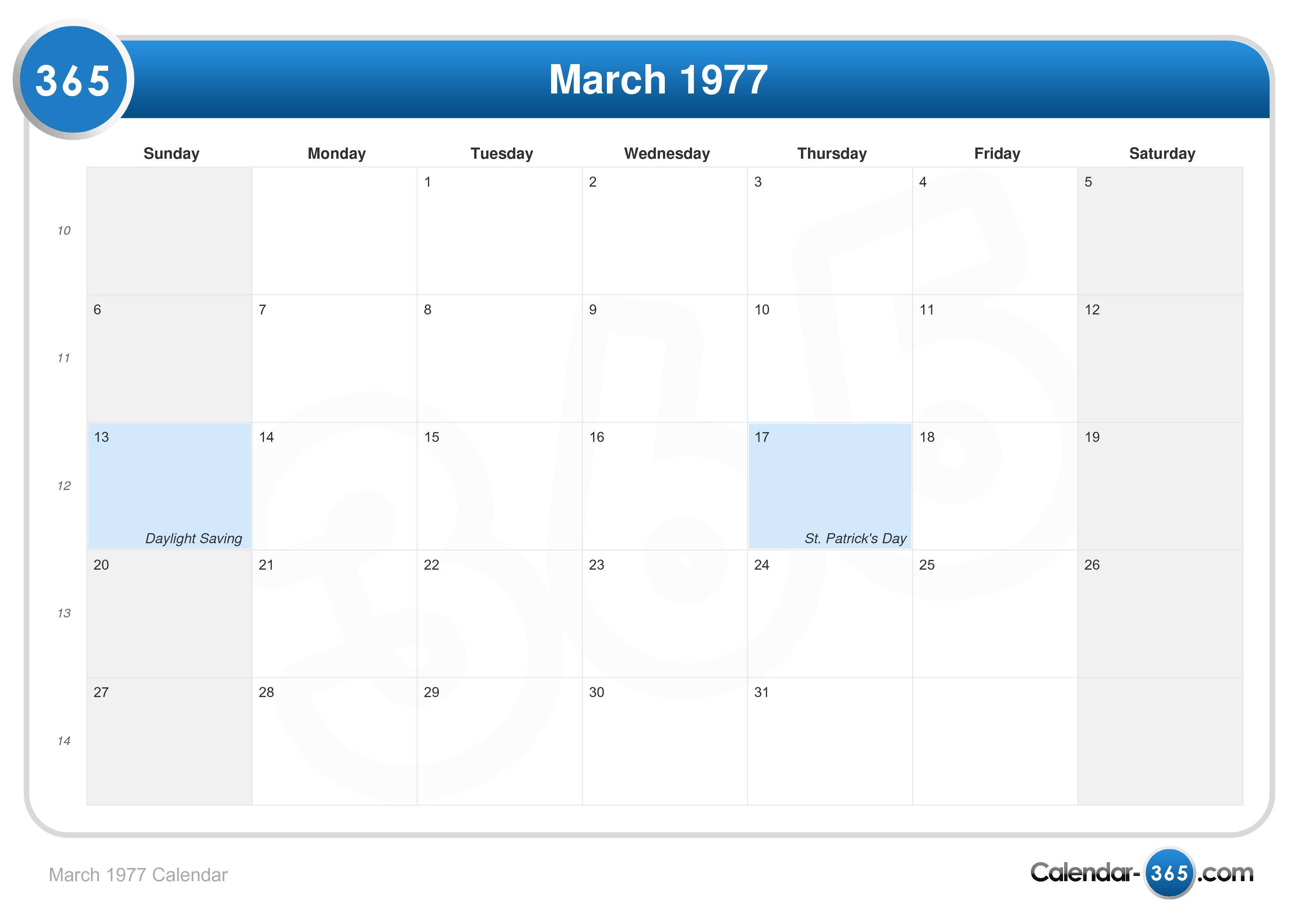 March 1977 Calendar