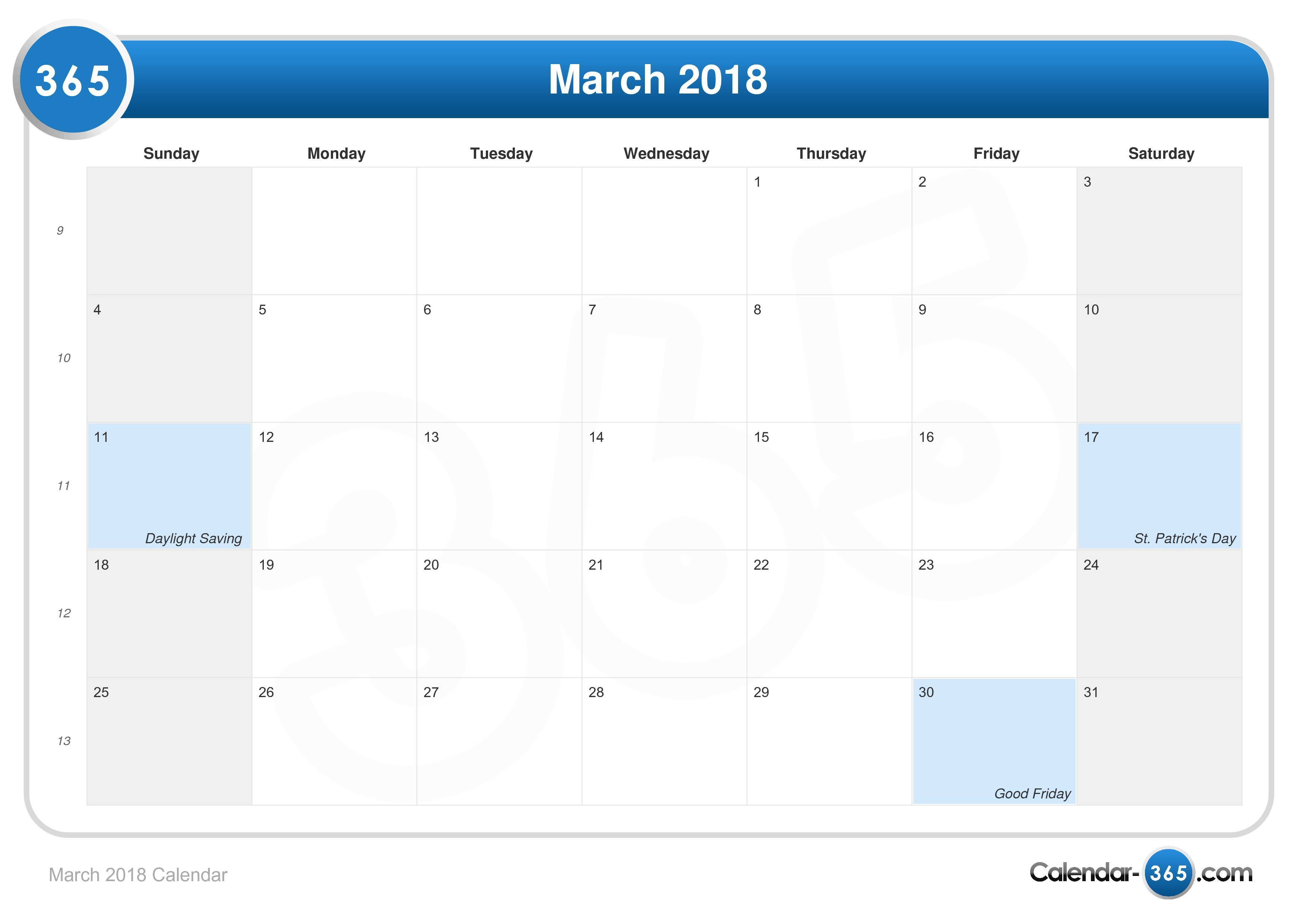 march 2018 calendar