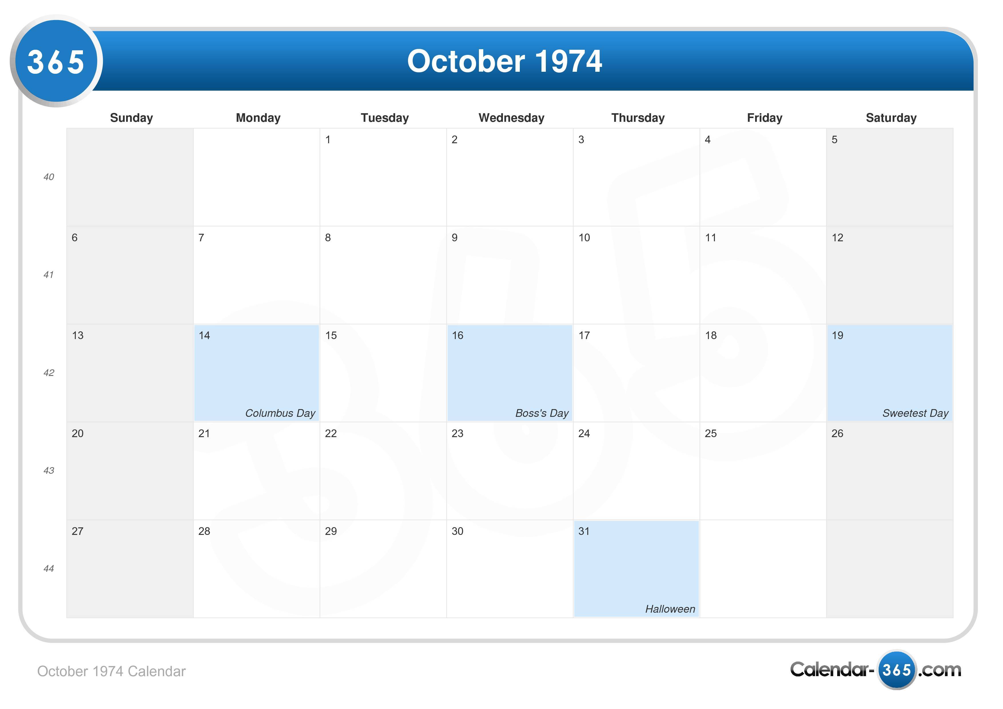 October 1974 Calendar