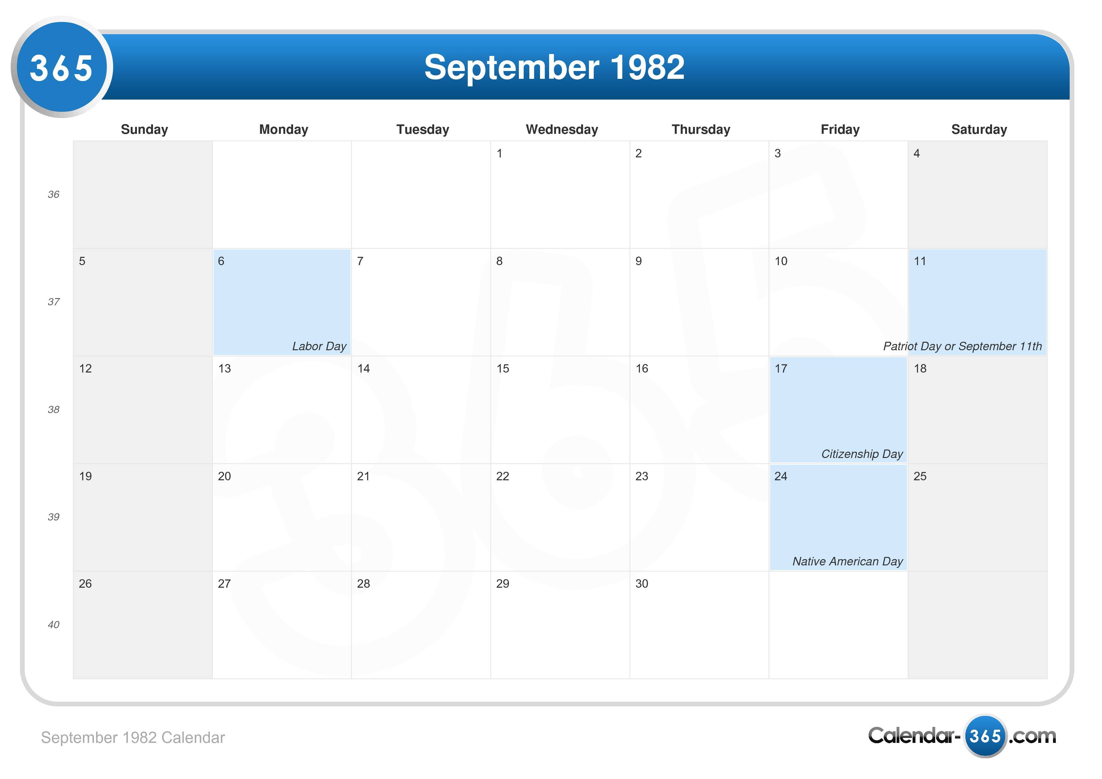 September 1982 Calendar