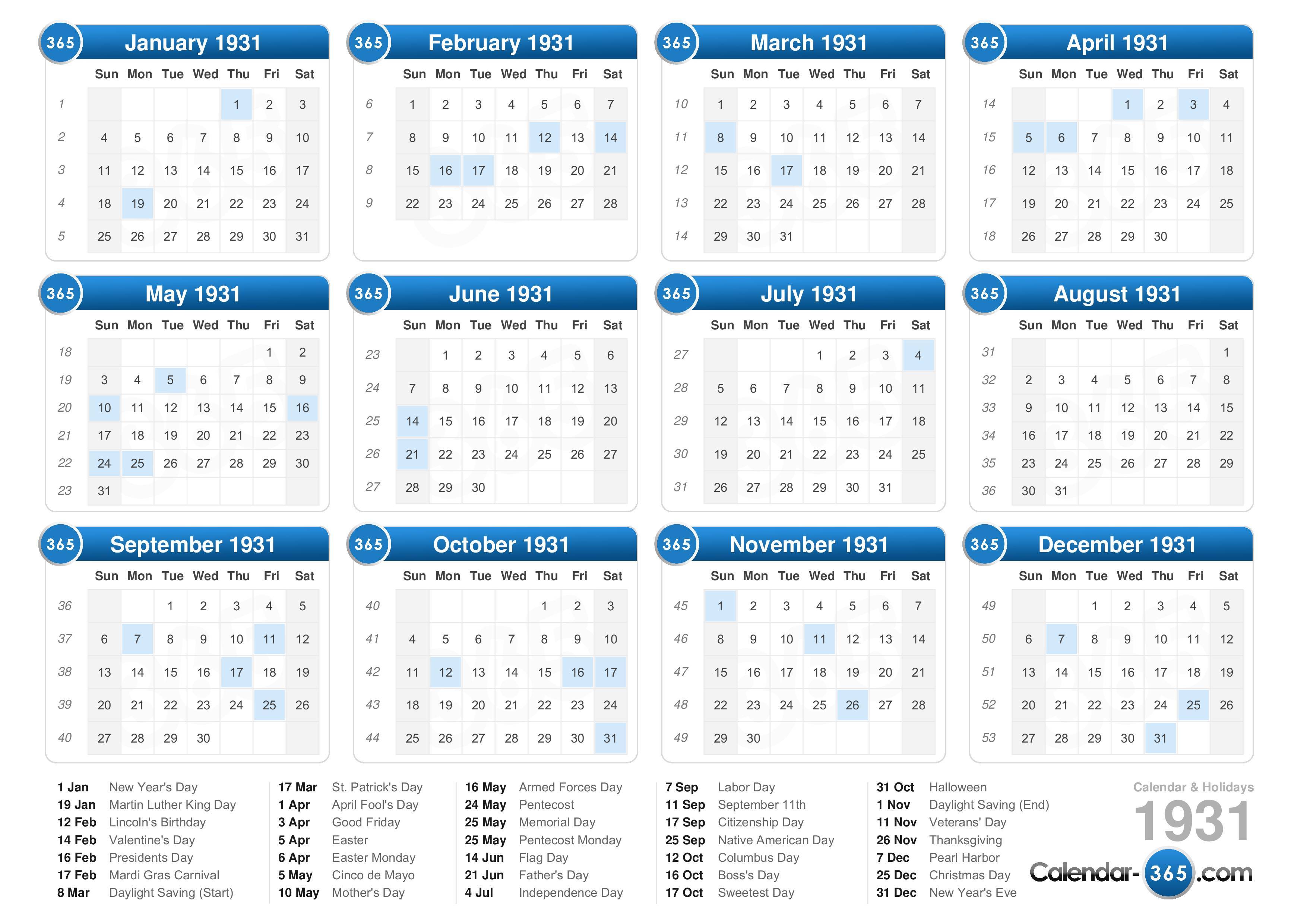 1931 Calendar
