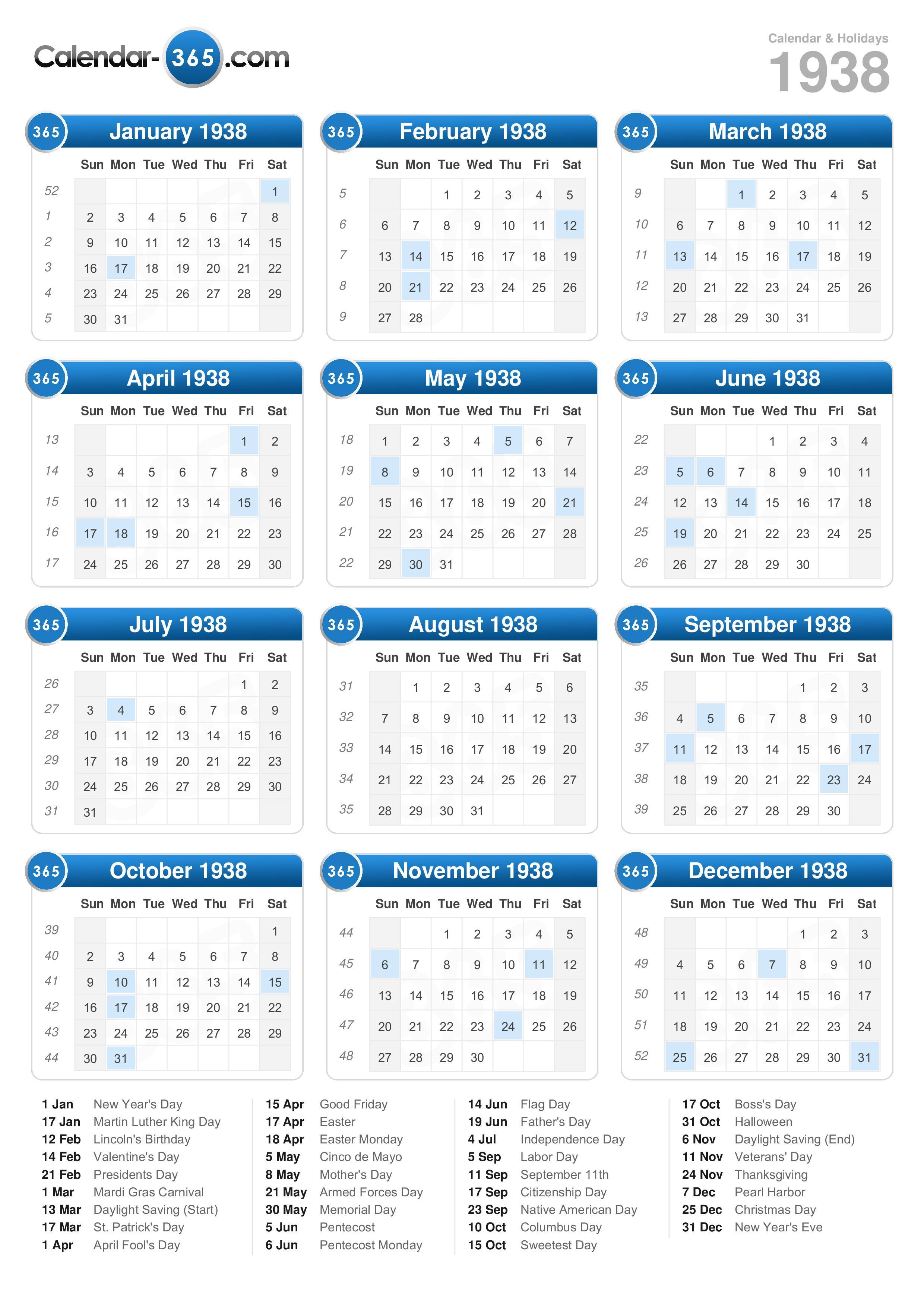 1938 Calendar