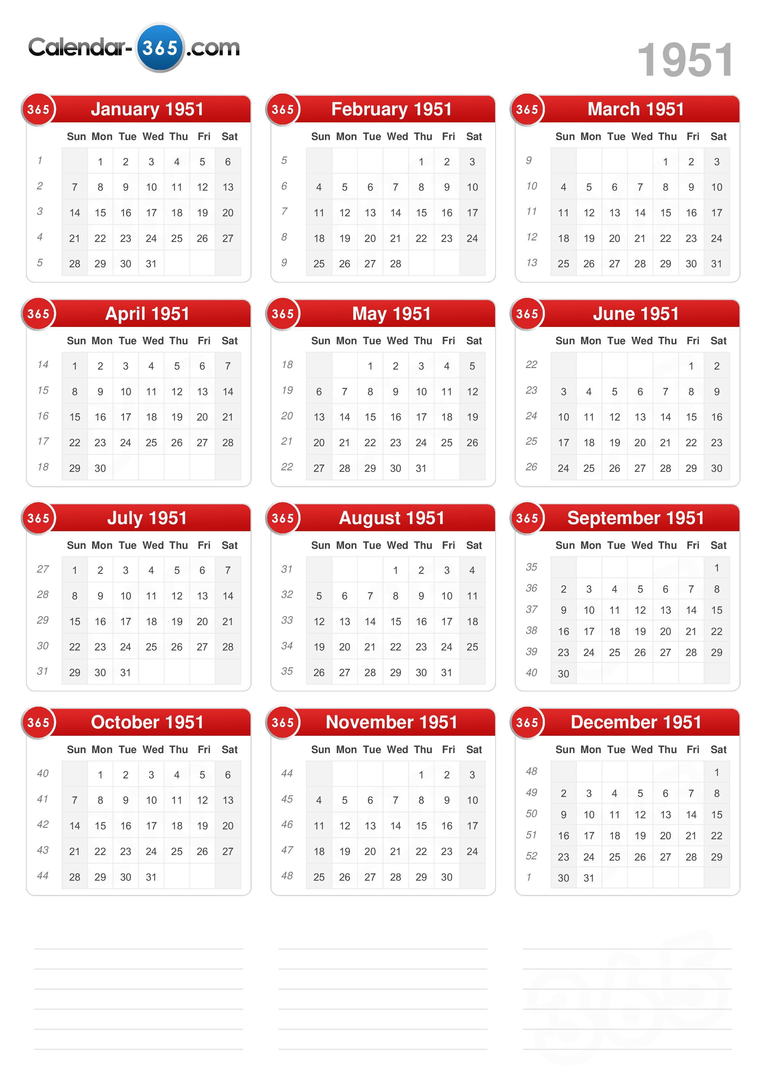 1951 Calendar 1951 Calendar