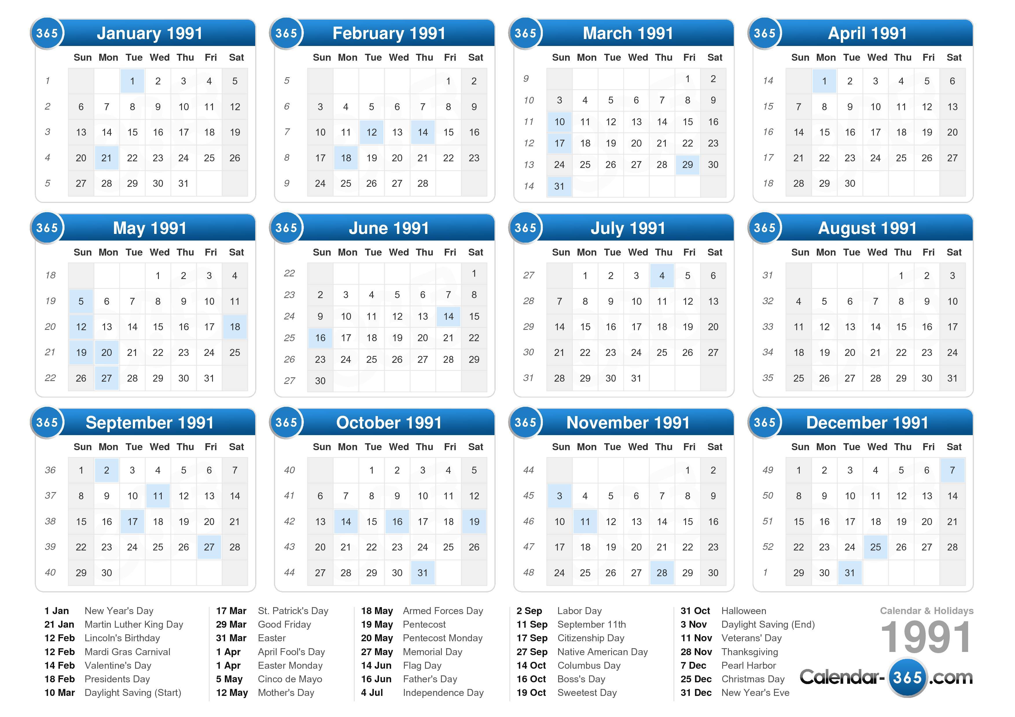 1991 calendar on sale with festivals