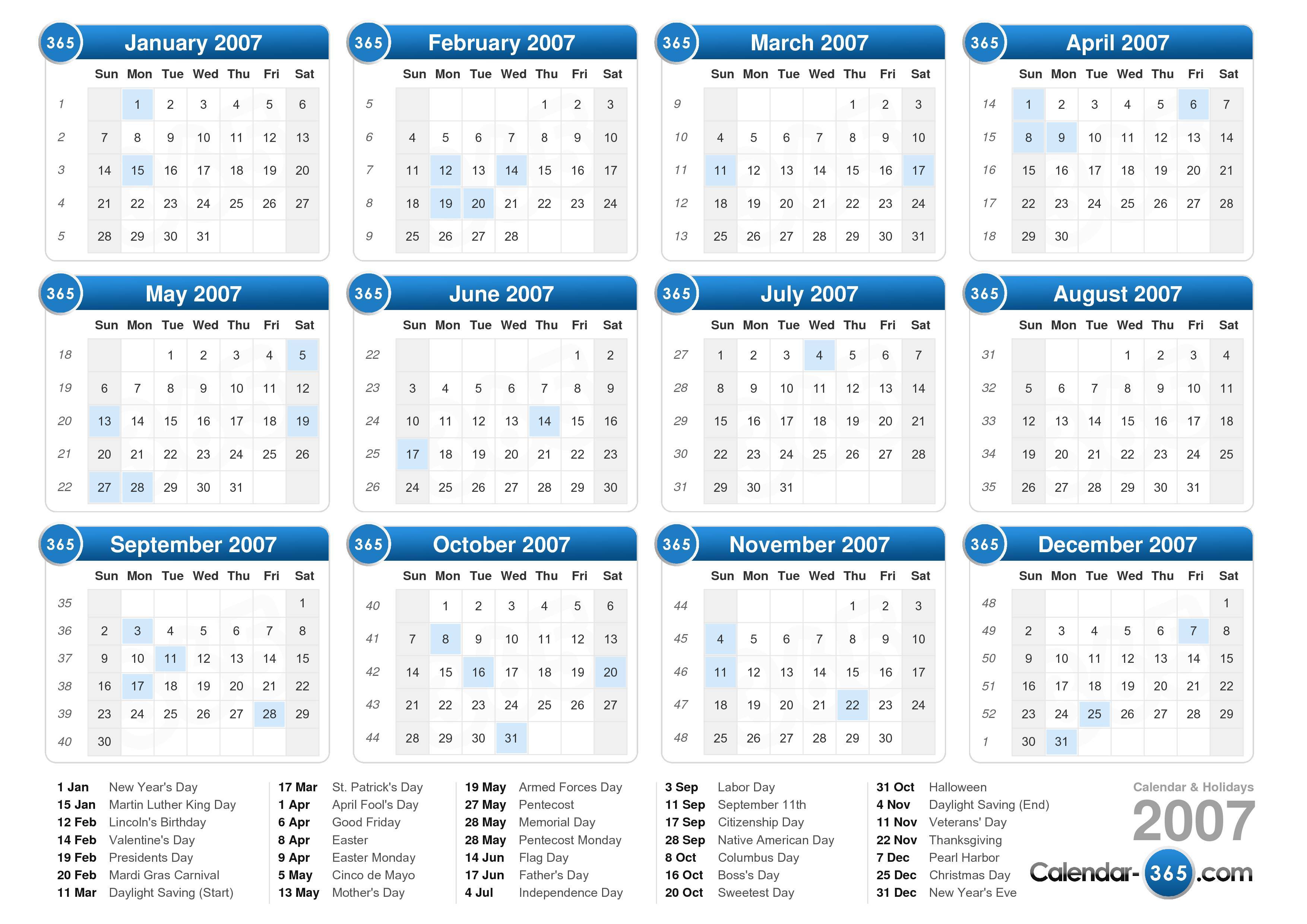 2007 Calendar Calendar Same As 2007
