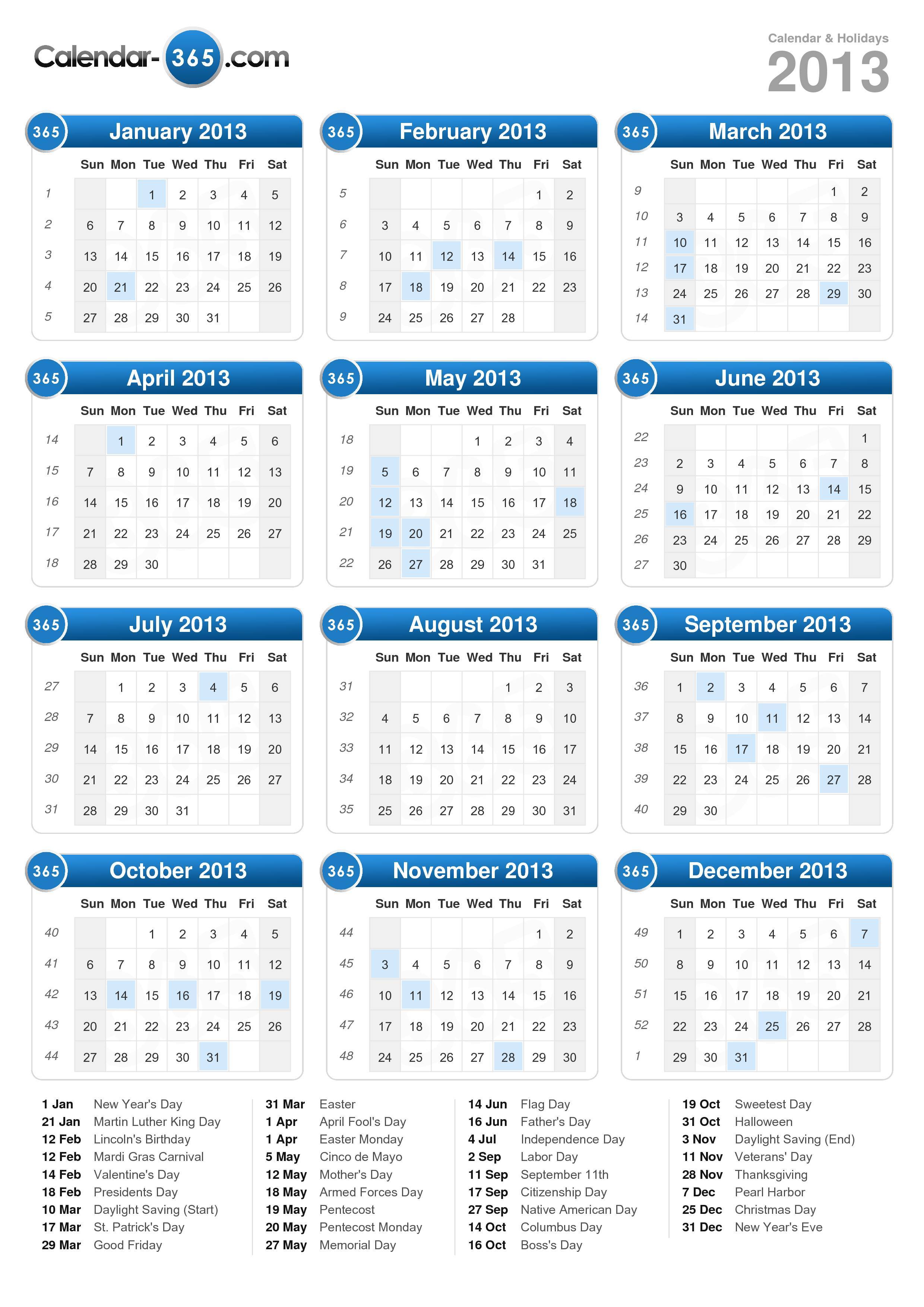 2013 calendar portrait format
