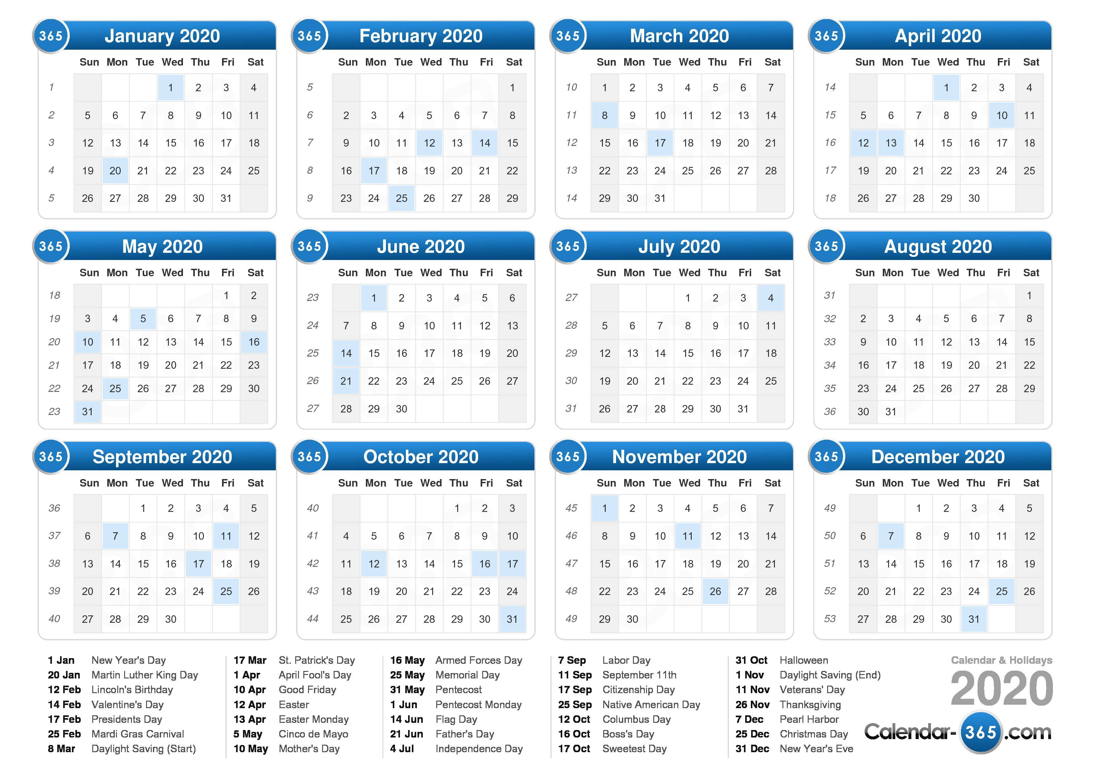 What are some of the most popular holidays in a calendar year?