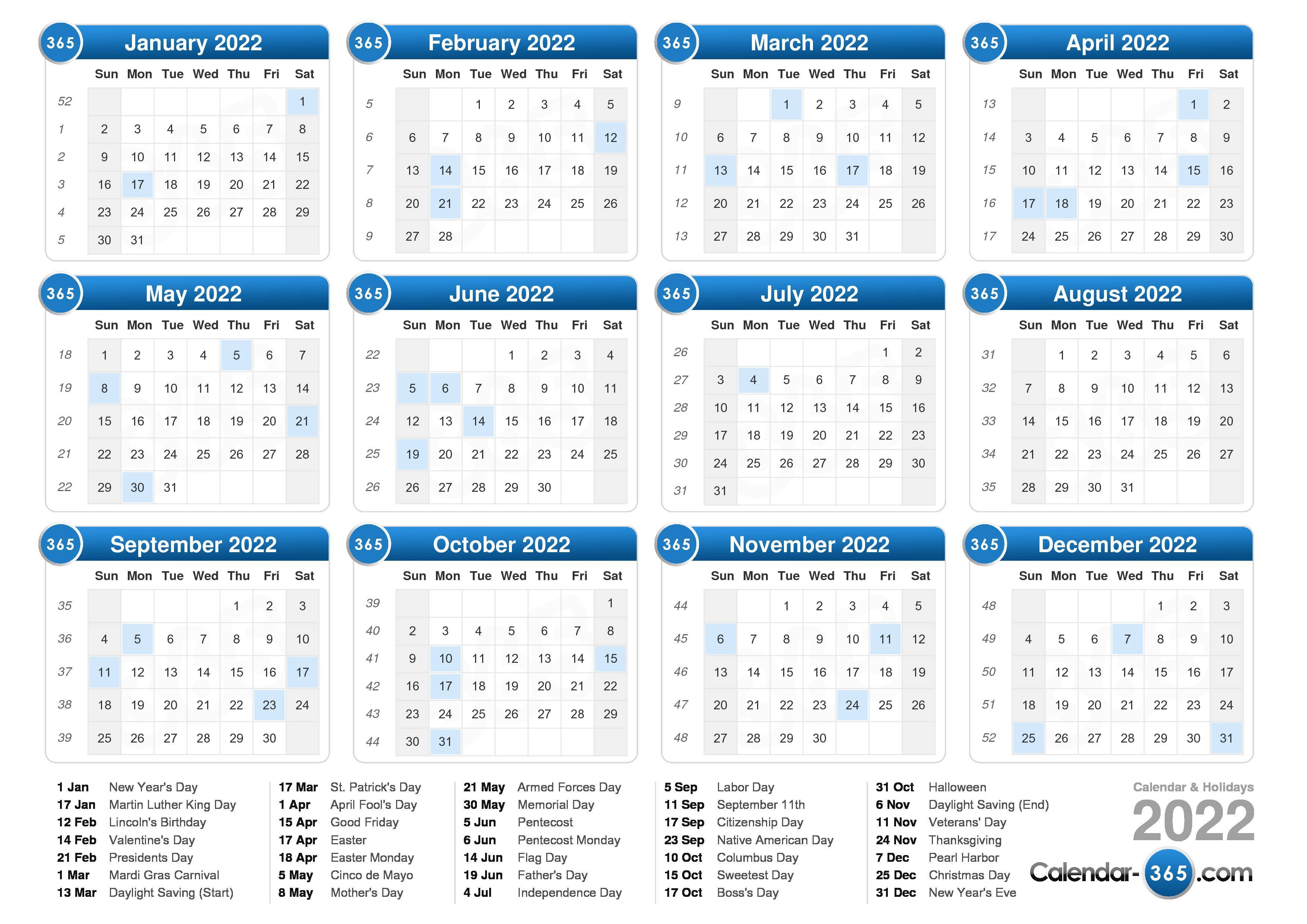 Numbered Week Calendar 2022 2022 Calendar