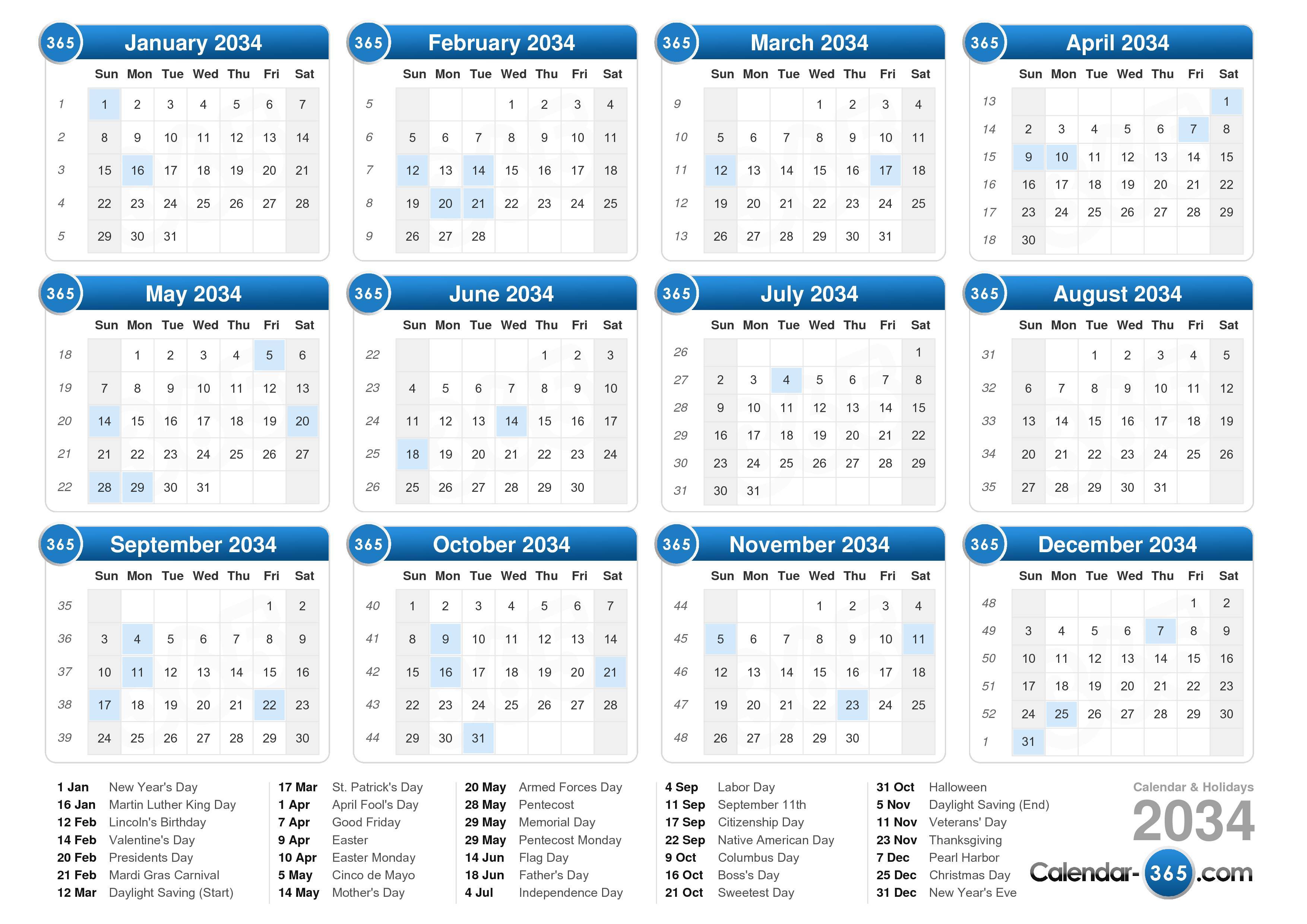 2034 Calendar