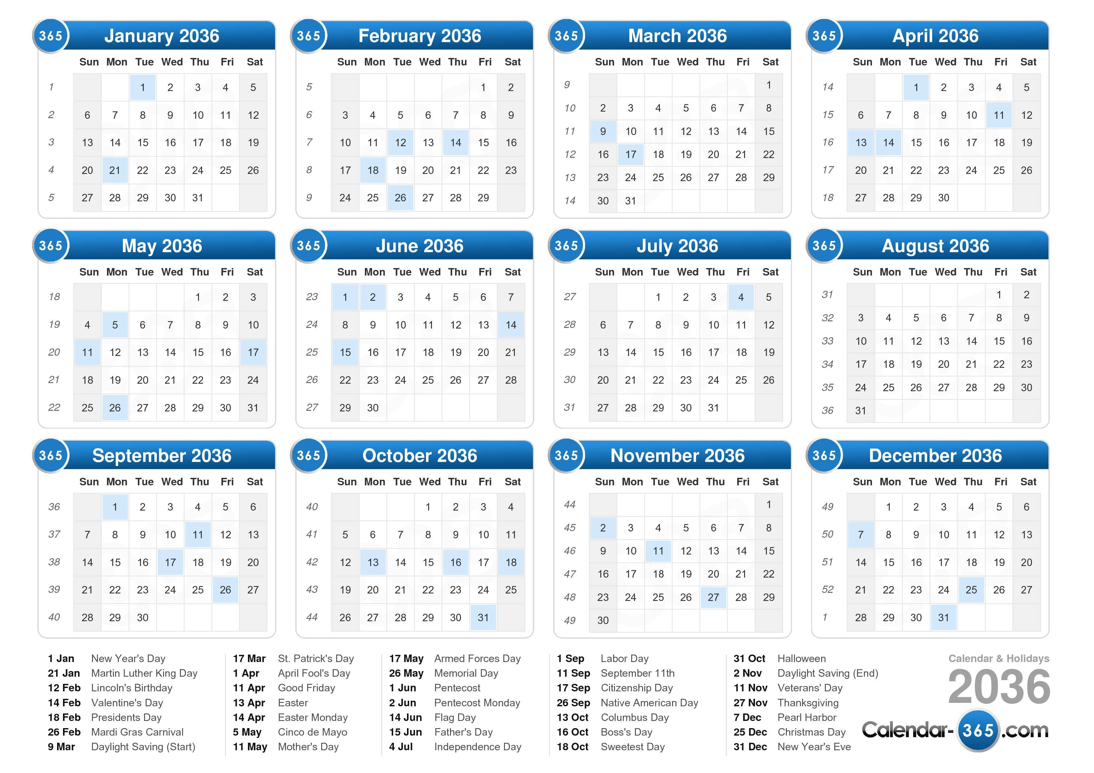 2036 Calendar