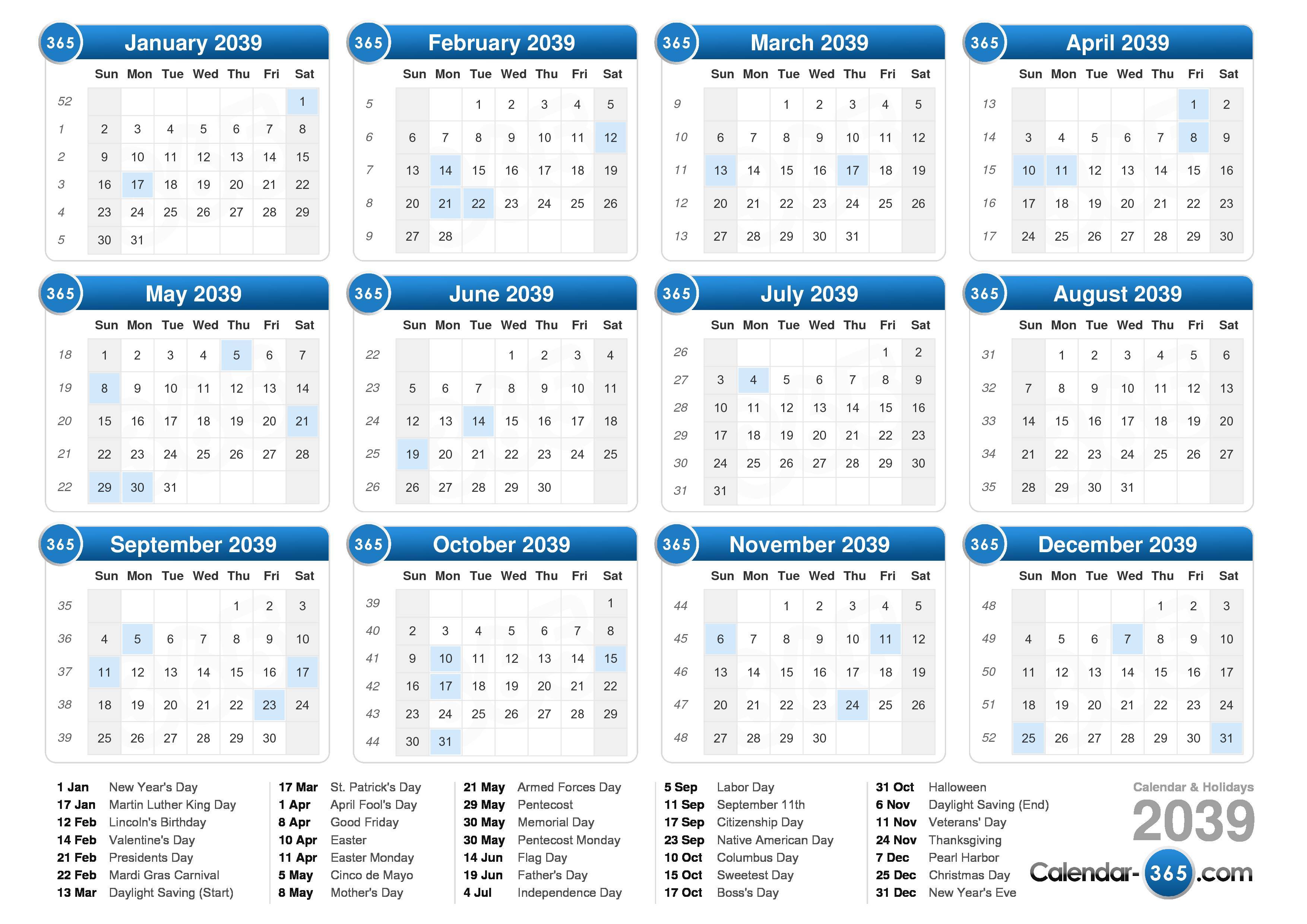 2039 Calendar