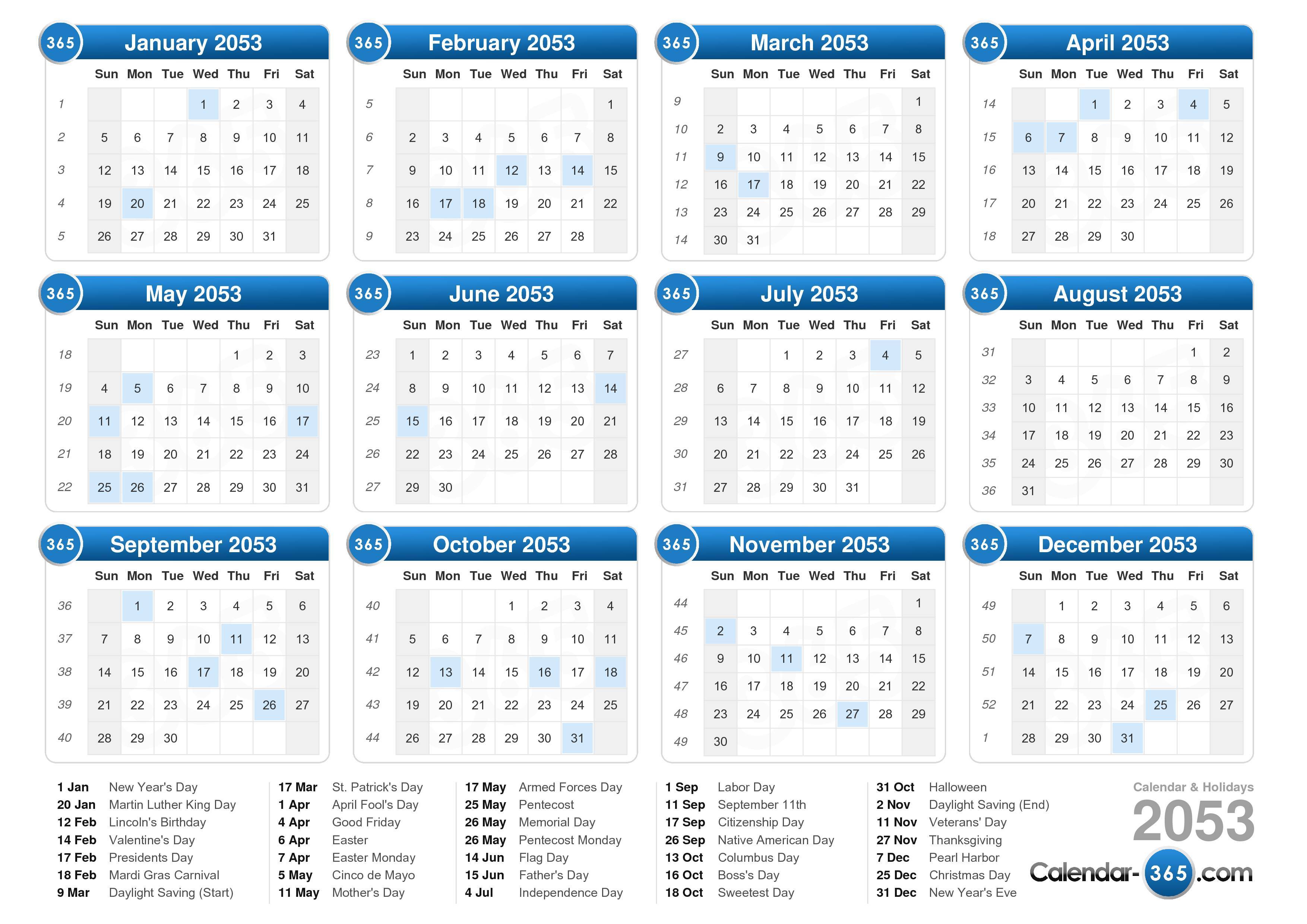 2053 Calendar