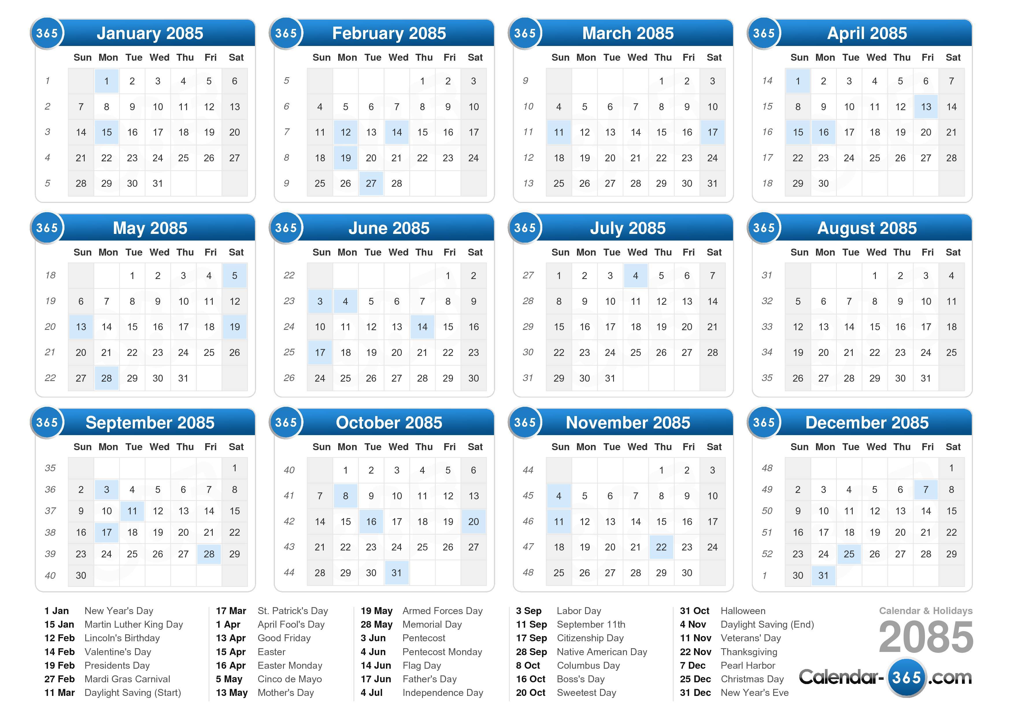 2085 calendar