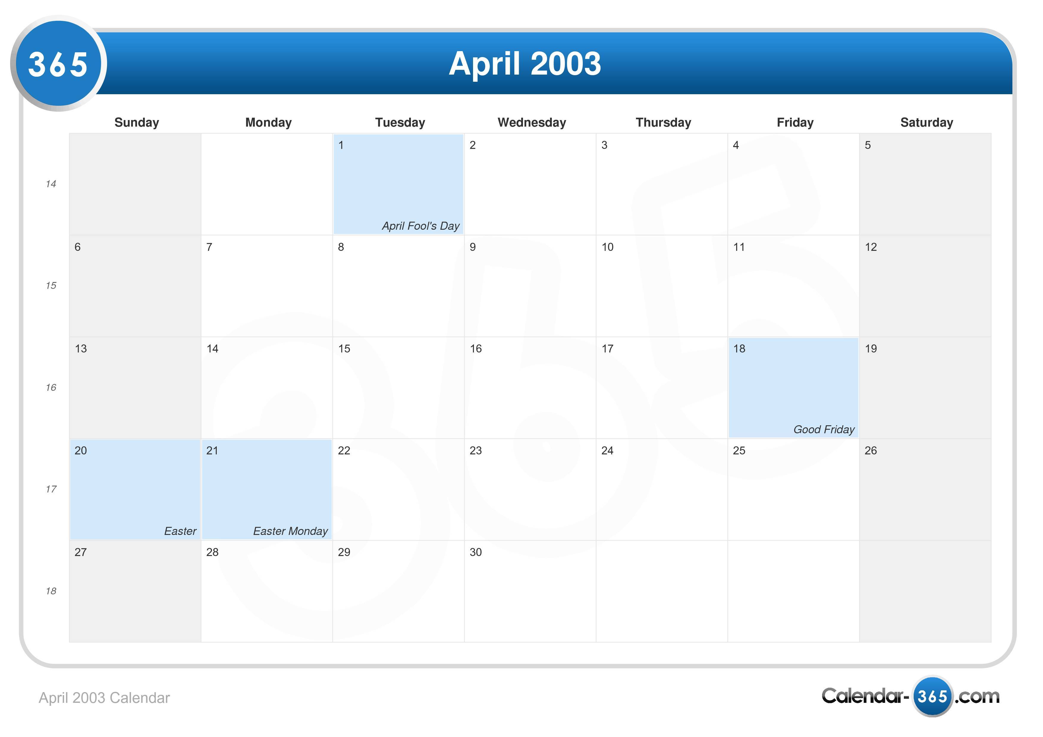 April 2003 Calendar