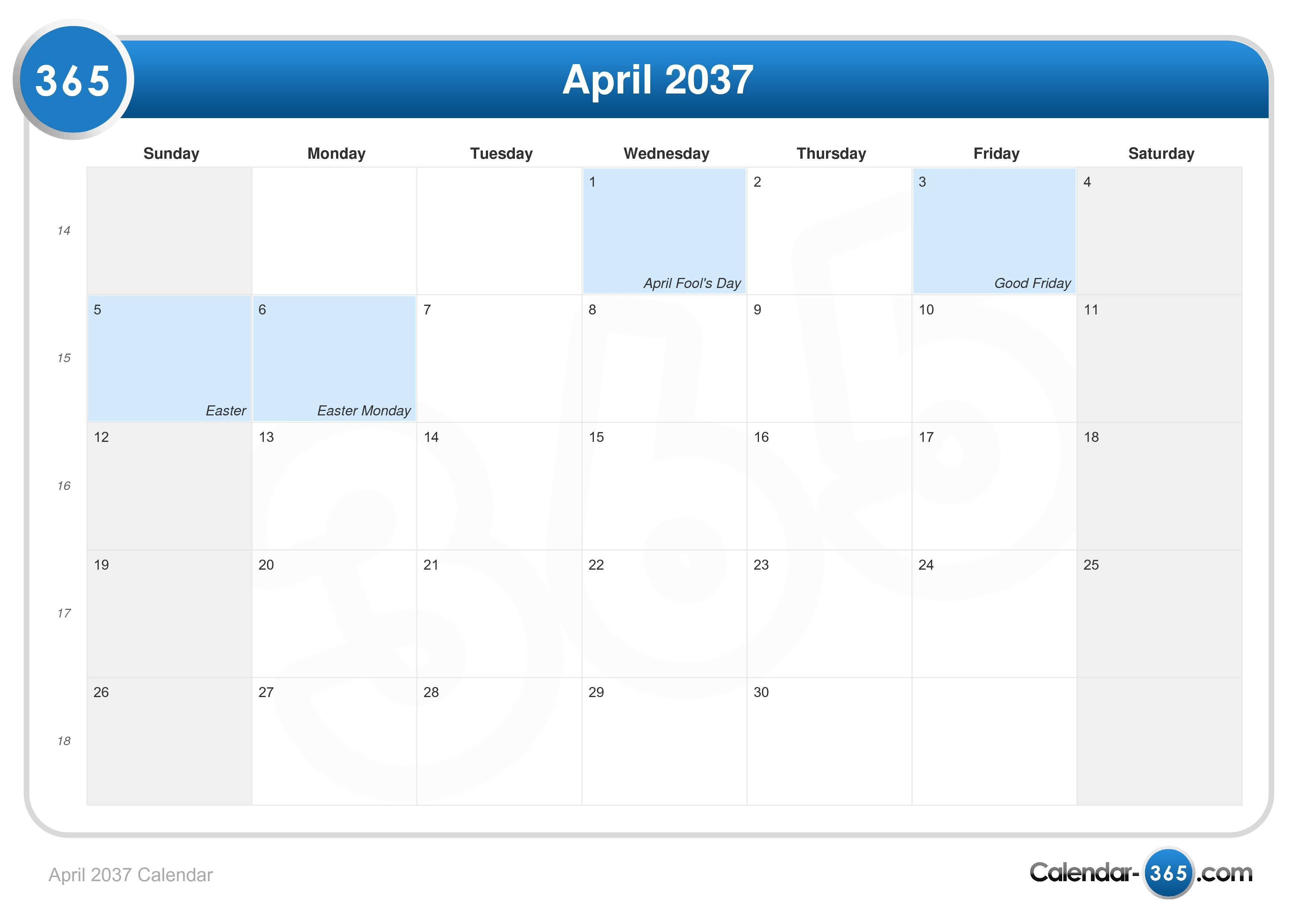April 2037 Calendar