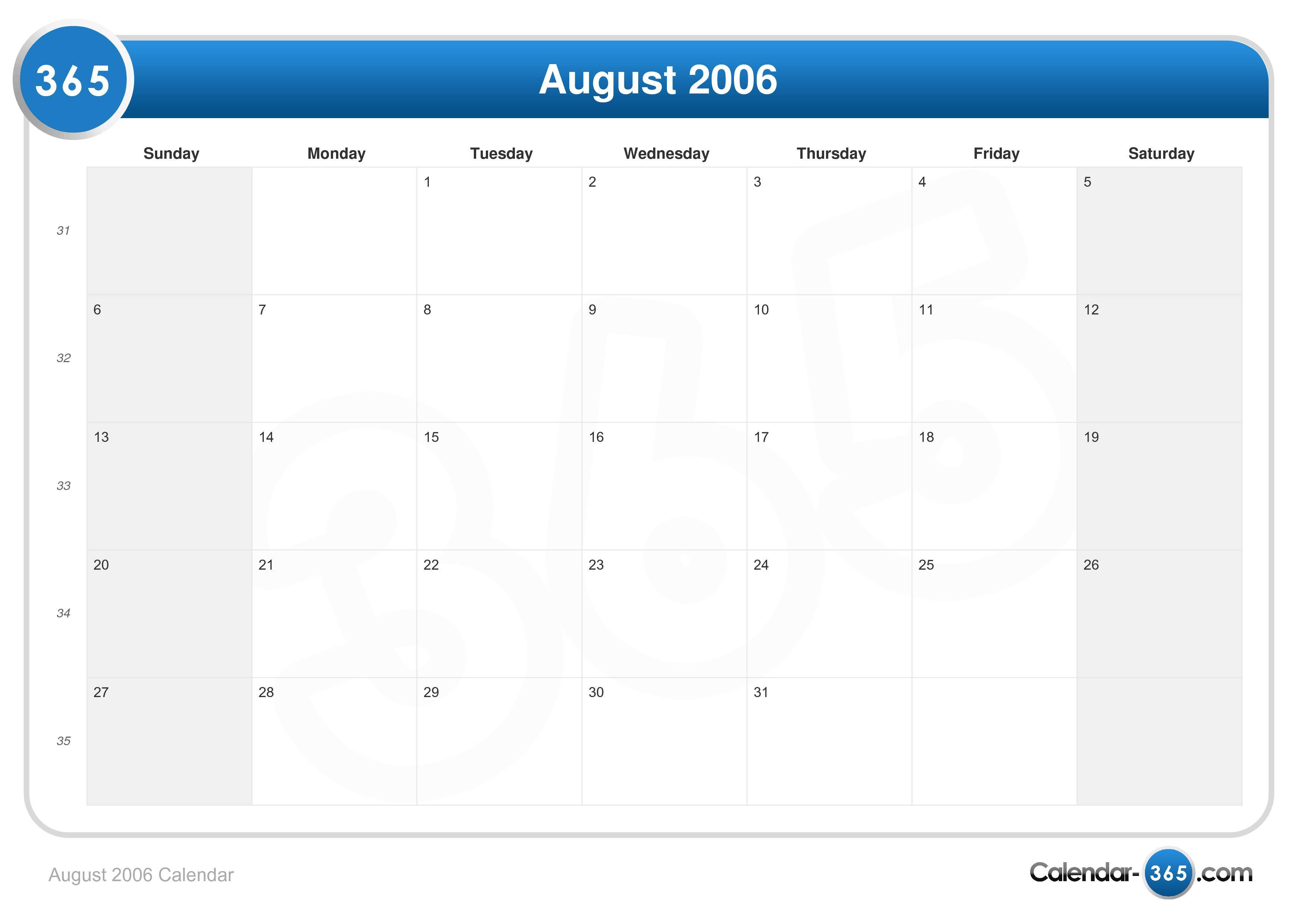 August 2006 Calendar
