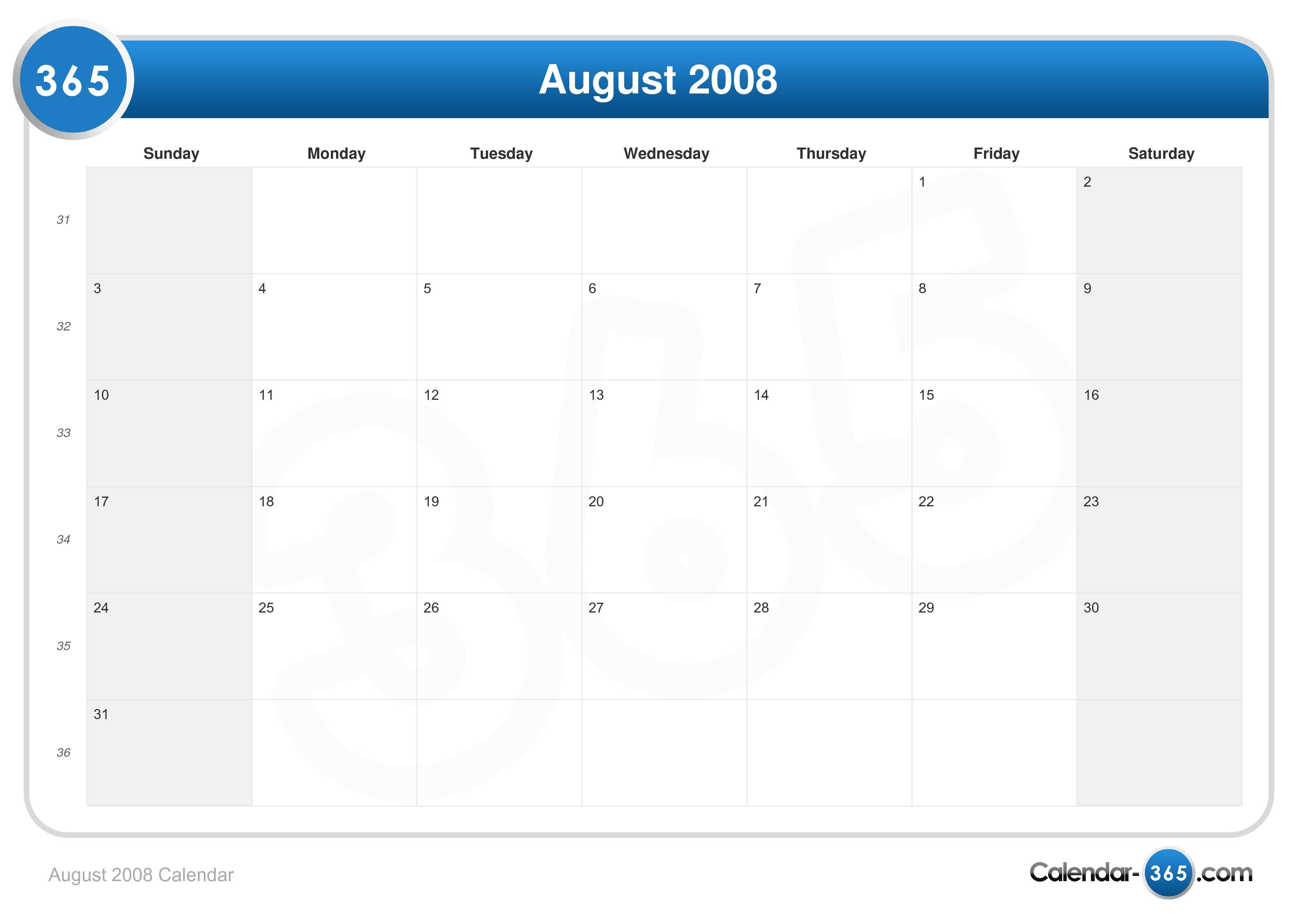 August 2008 Calendar