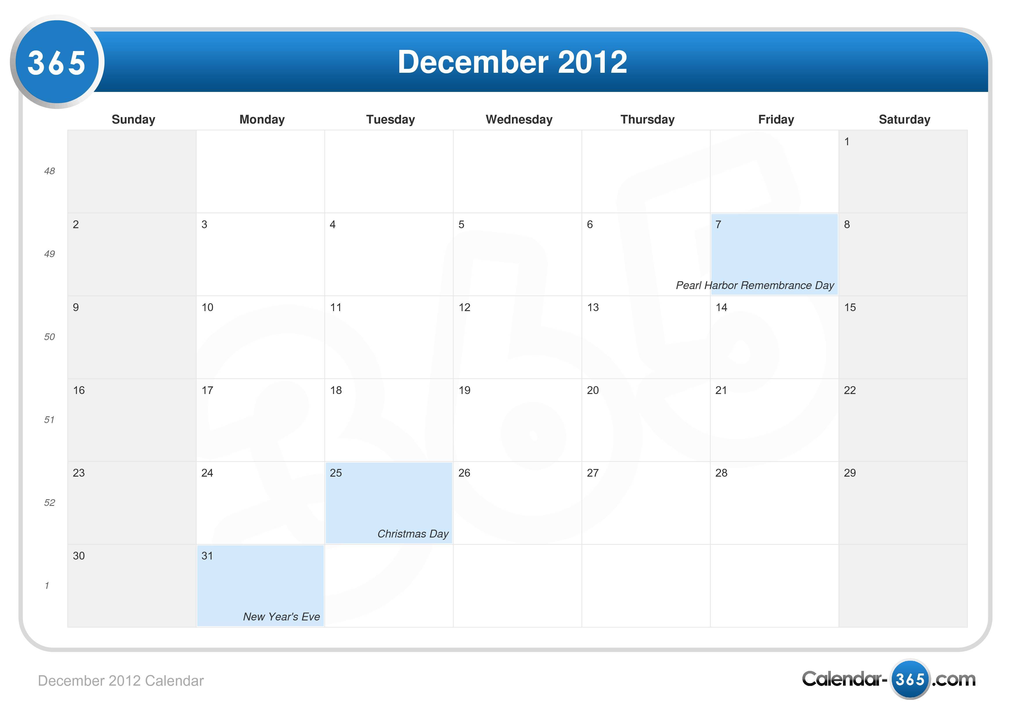 December 2012 Calendar