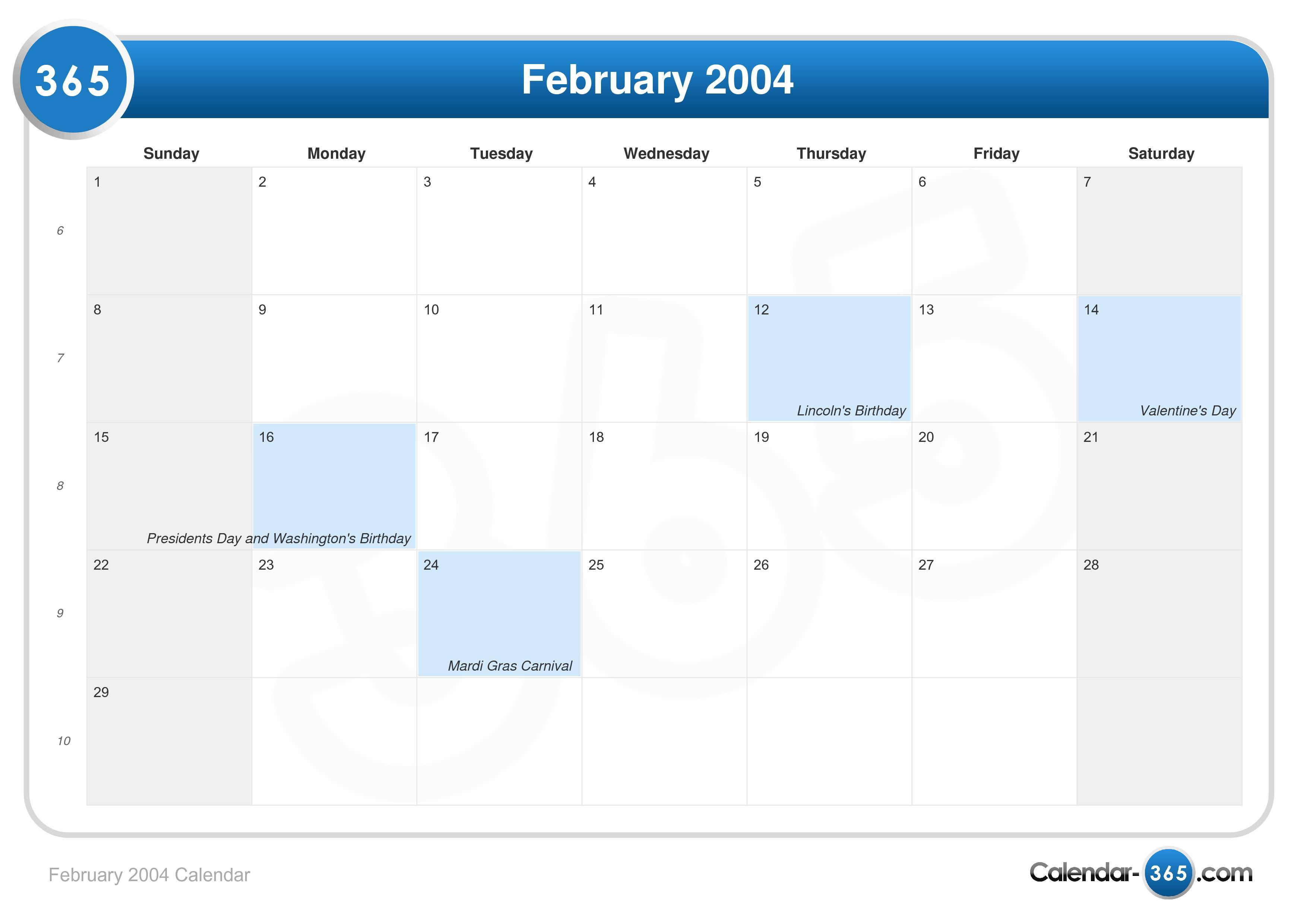 February 2004 Calendar