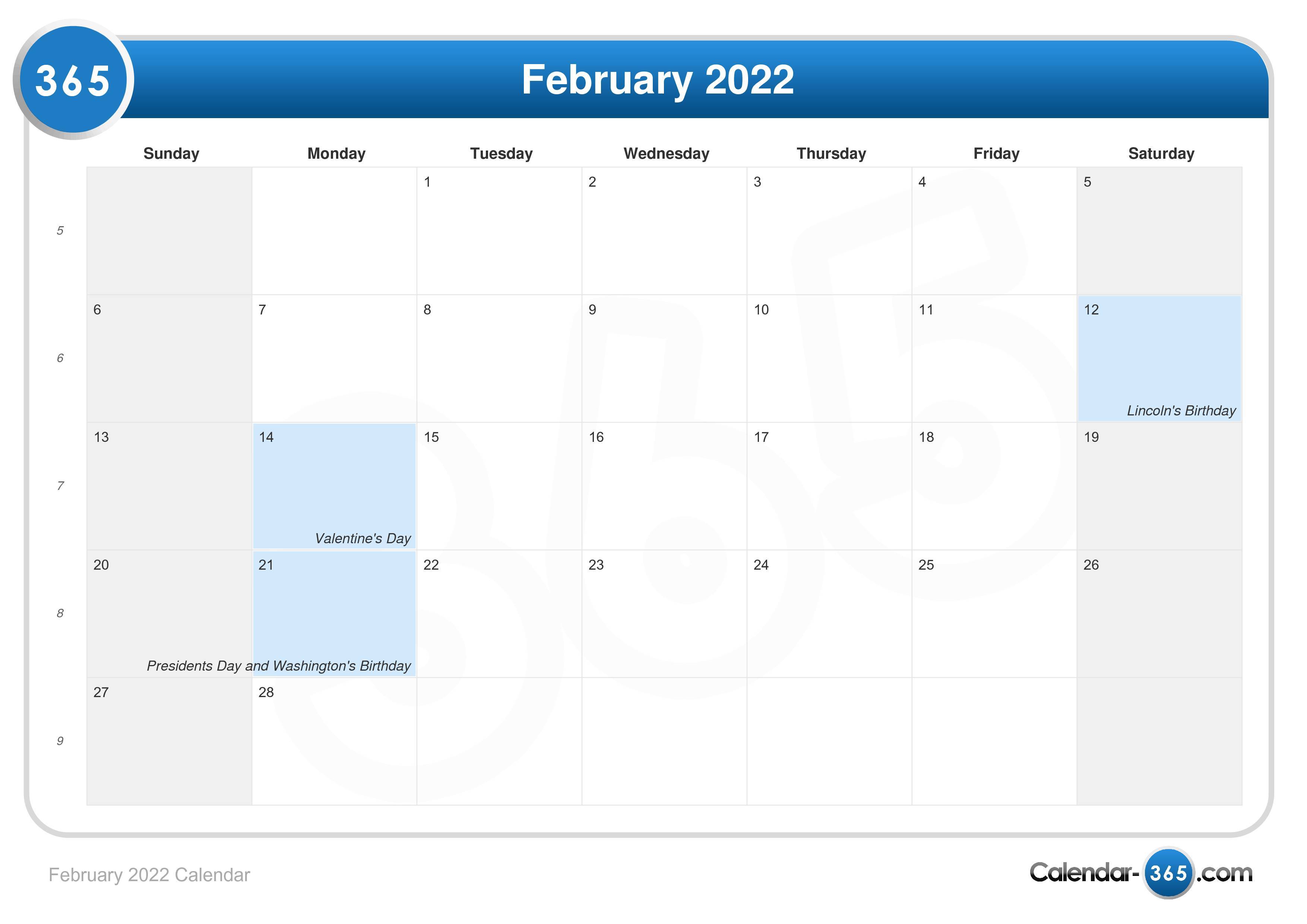 February 2022 Calendar Landscape