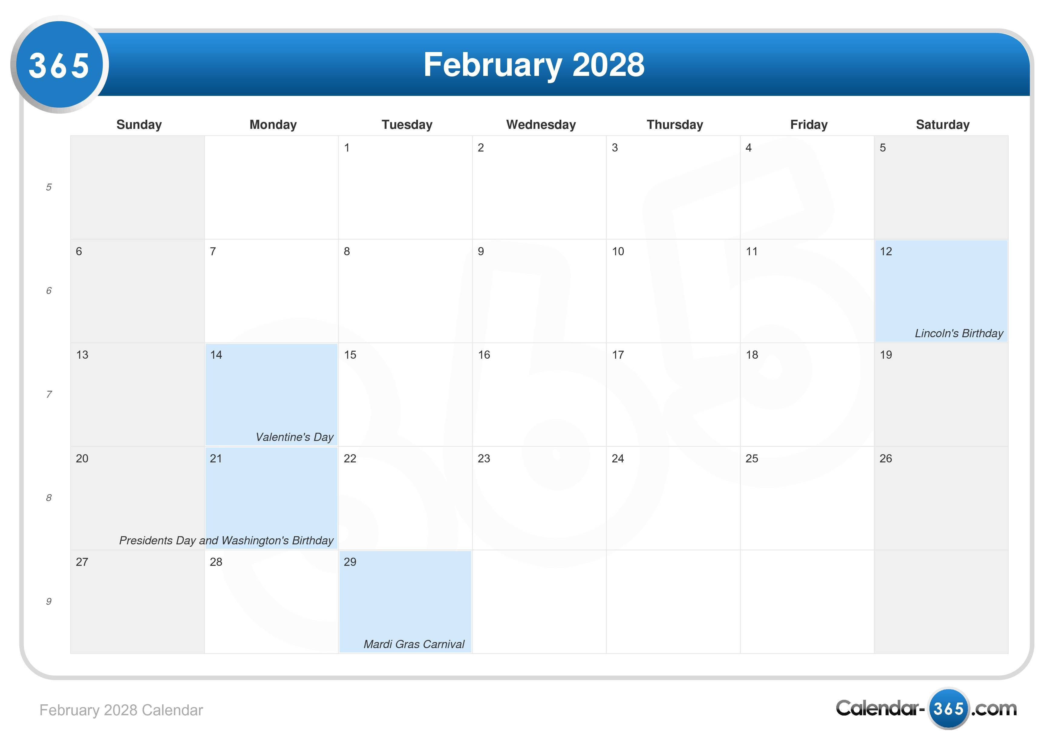 February 2028 Calendar