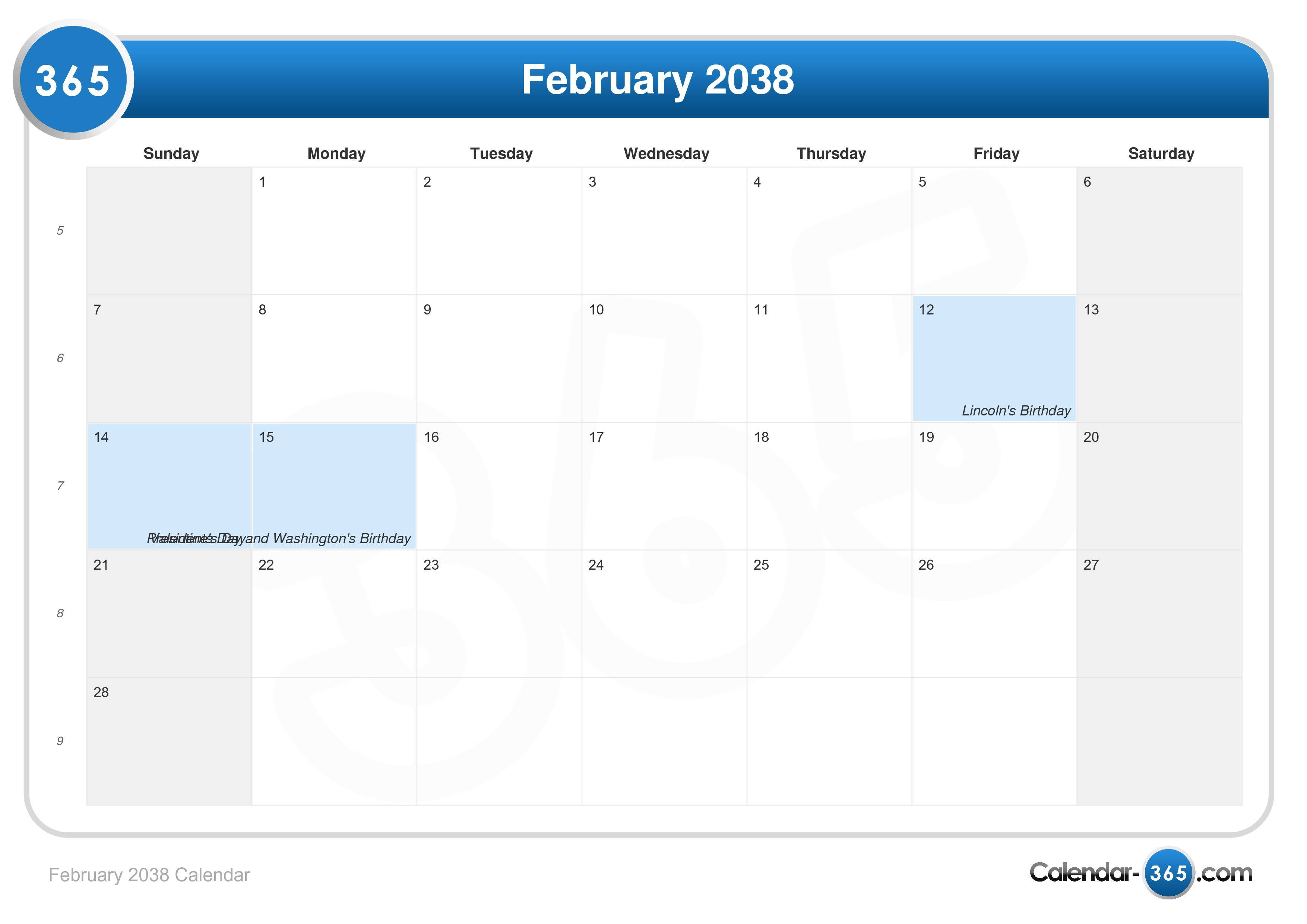 February 2038 Calendar