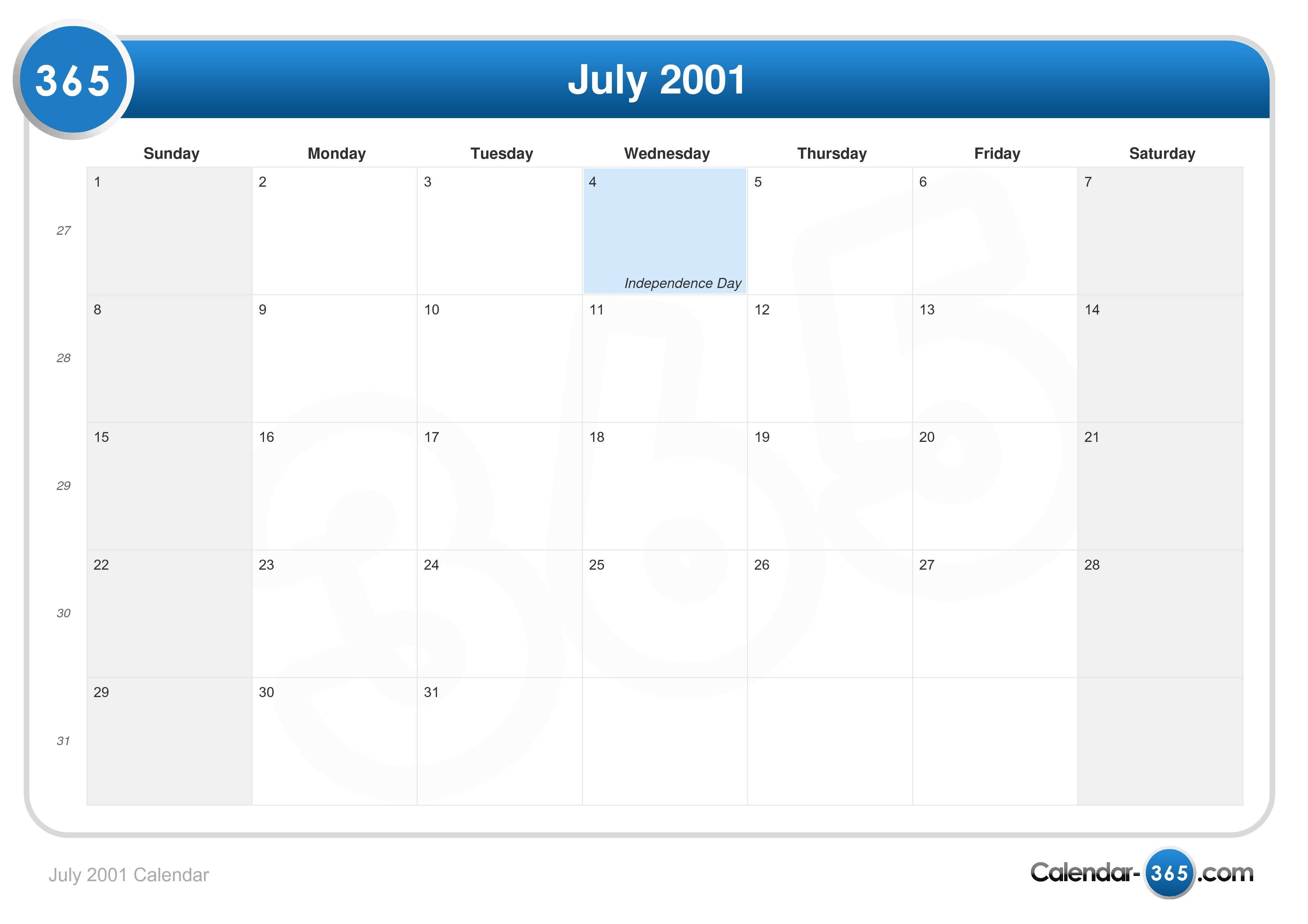 July 2001 Calendar