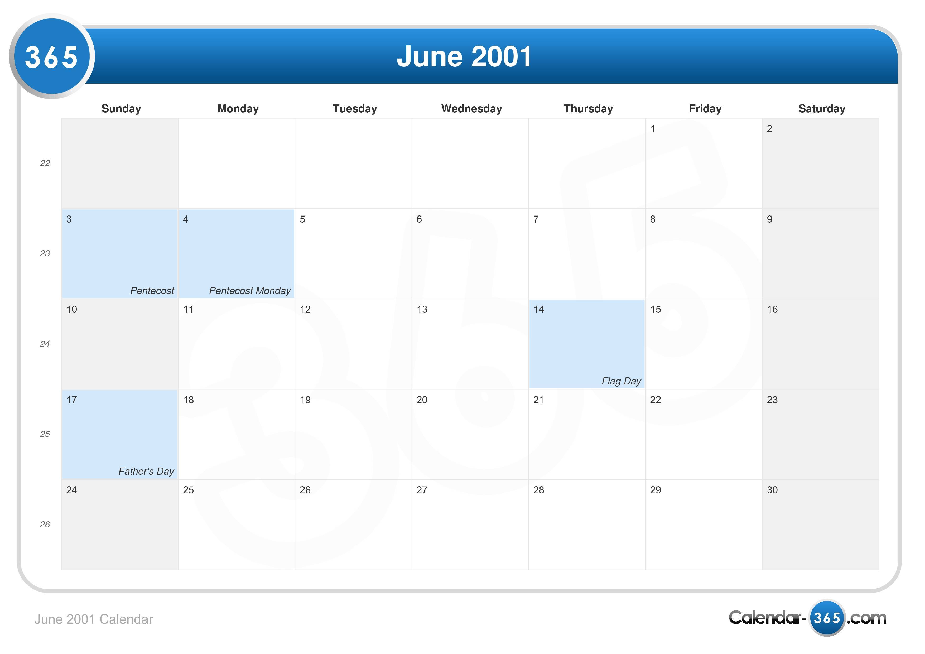 June 2001 Calendar