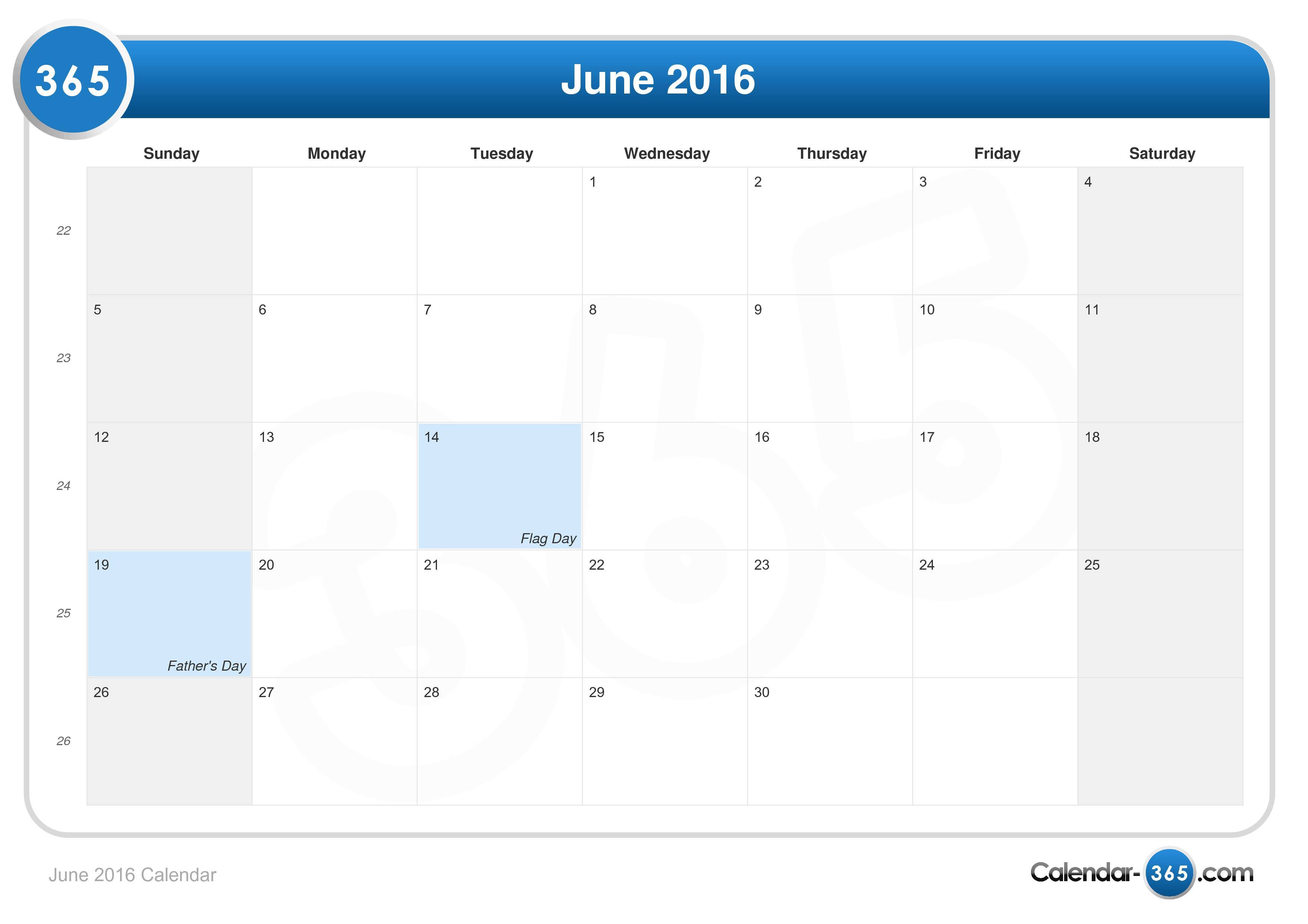 June 2016 Calendar