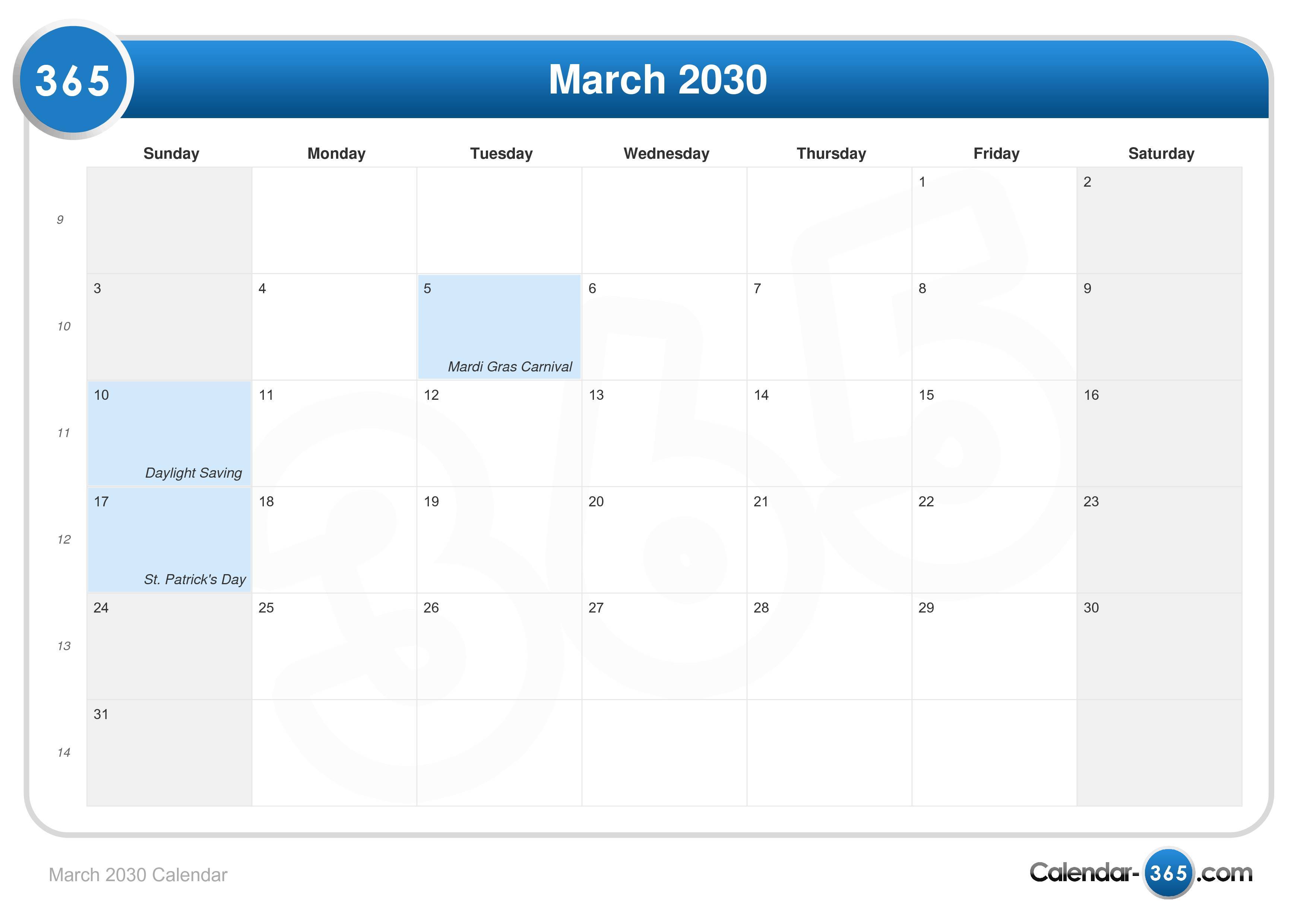 March 2030 Calendar