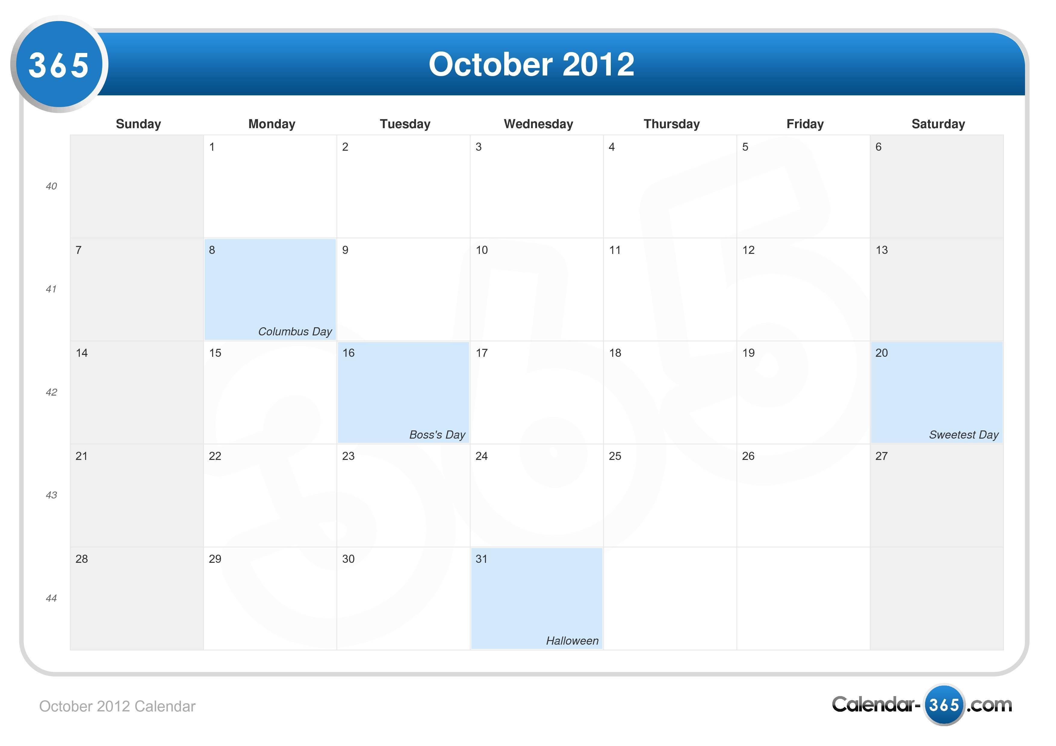 October 2012 Calendar