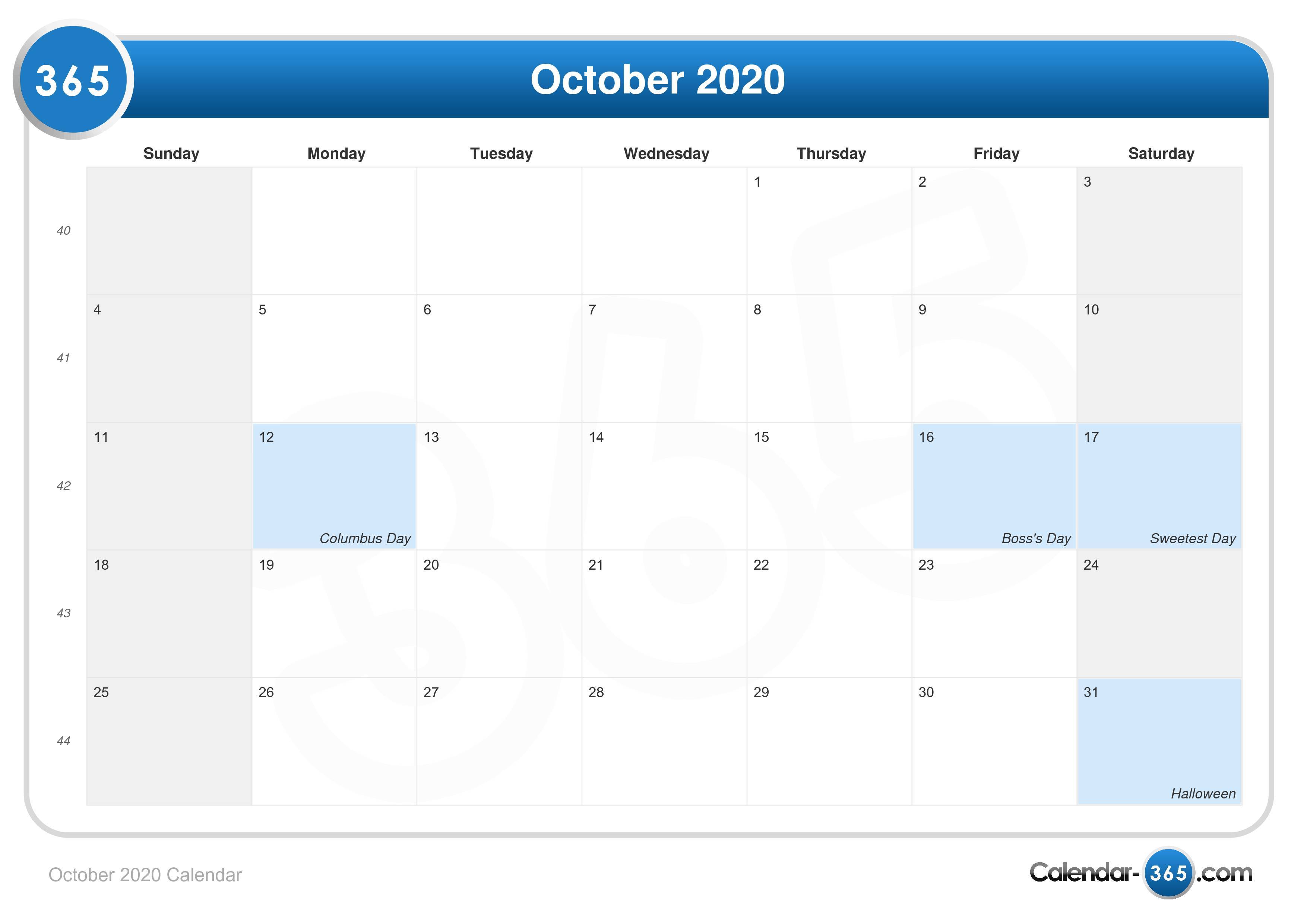 October 2020 Calendar