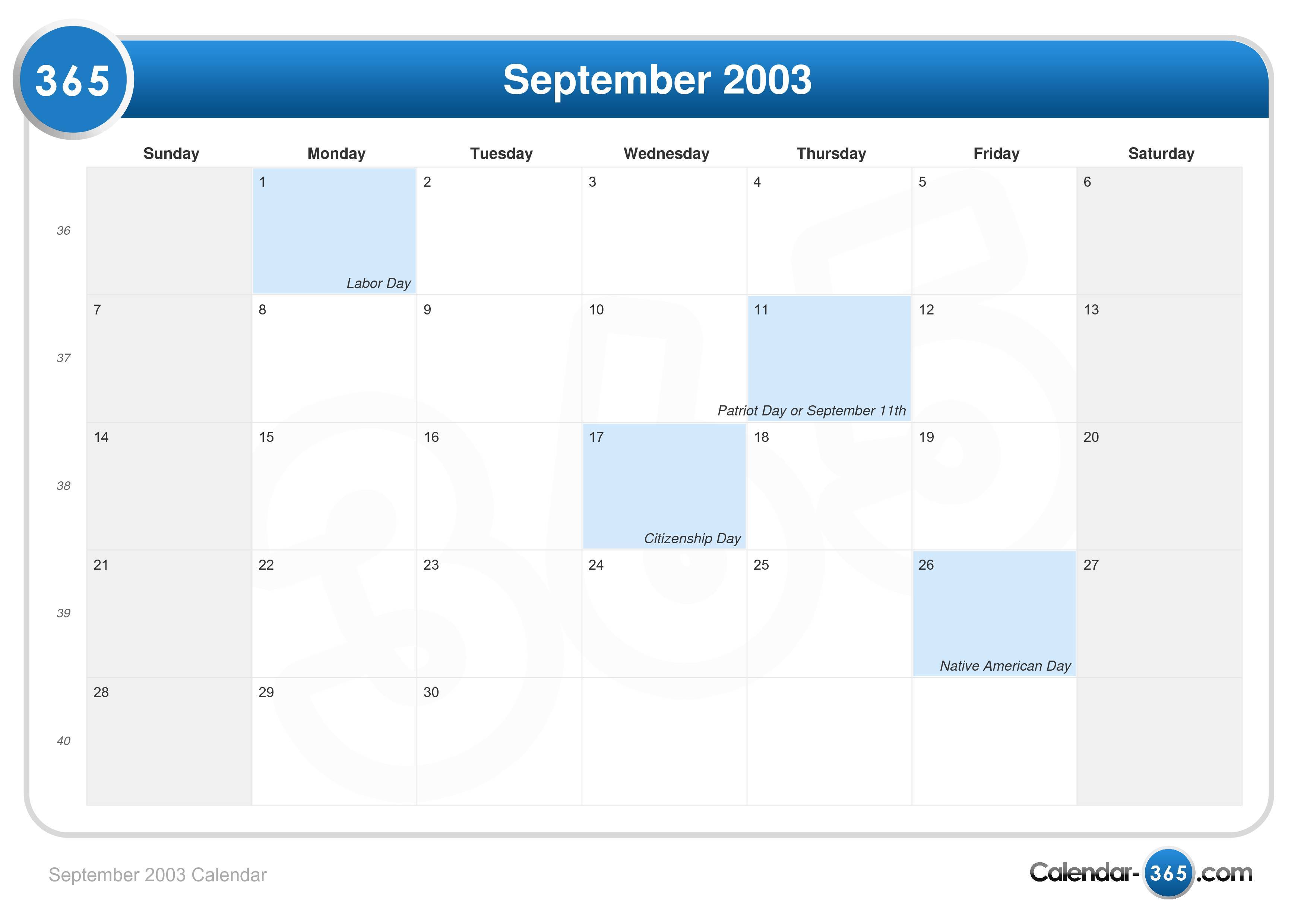 September 2003 Calendar